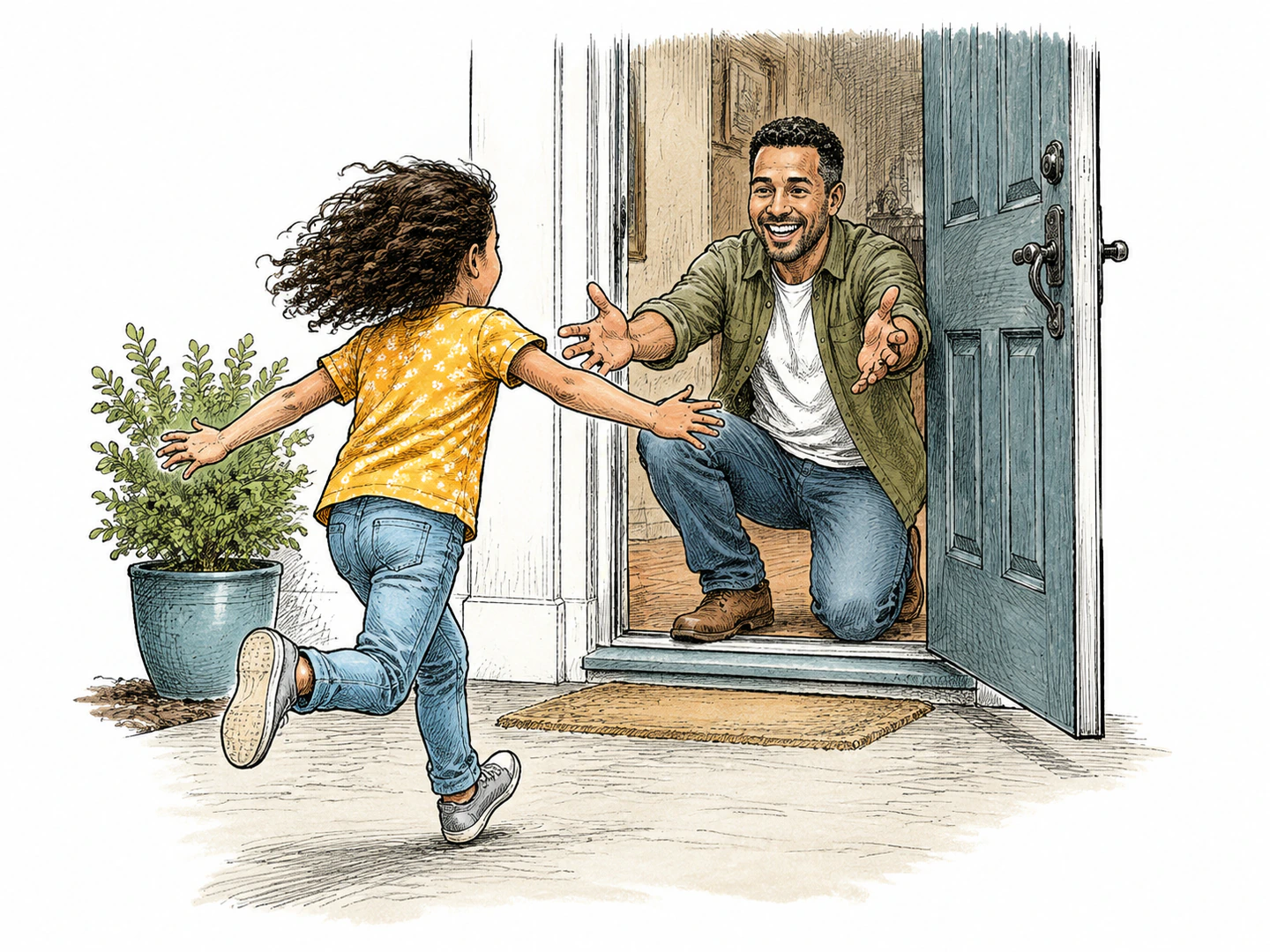 A child runs toward an open doorway where a waiting adult reaches out to welcome their arrival.