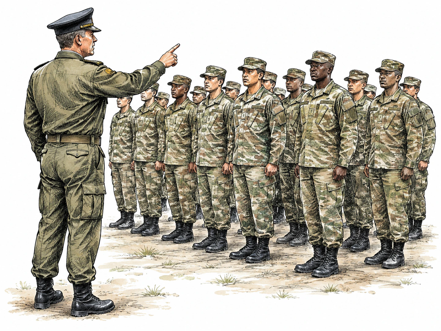 A uniformed officer stands before assembled soldiers and directs their formation while all ranks face him for orders, showing the officer in charge of the military institution.