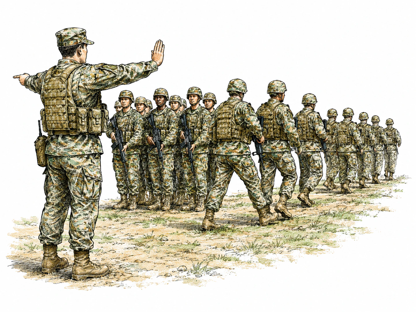 A uniformed leader gives hand signals to assembled soldiers who immediately change formation under that person's authority.