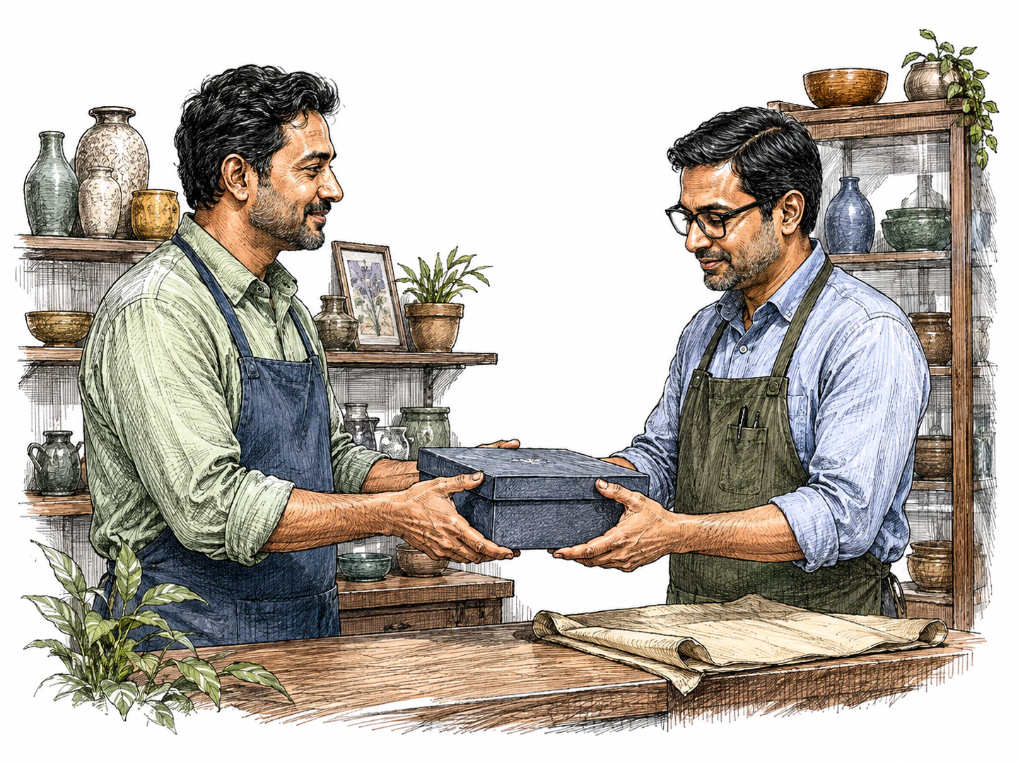 A shop owner hands a boxed item to another shopkeeper, who accepts it and places it carefully under their care.
