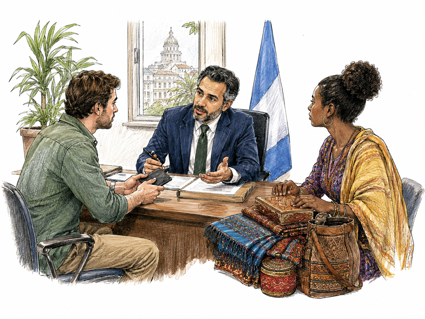 Inside a foreign office, a government official helps a traveling citizen with a lost passport while another visitor presents trade goods for assistance.