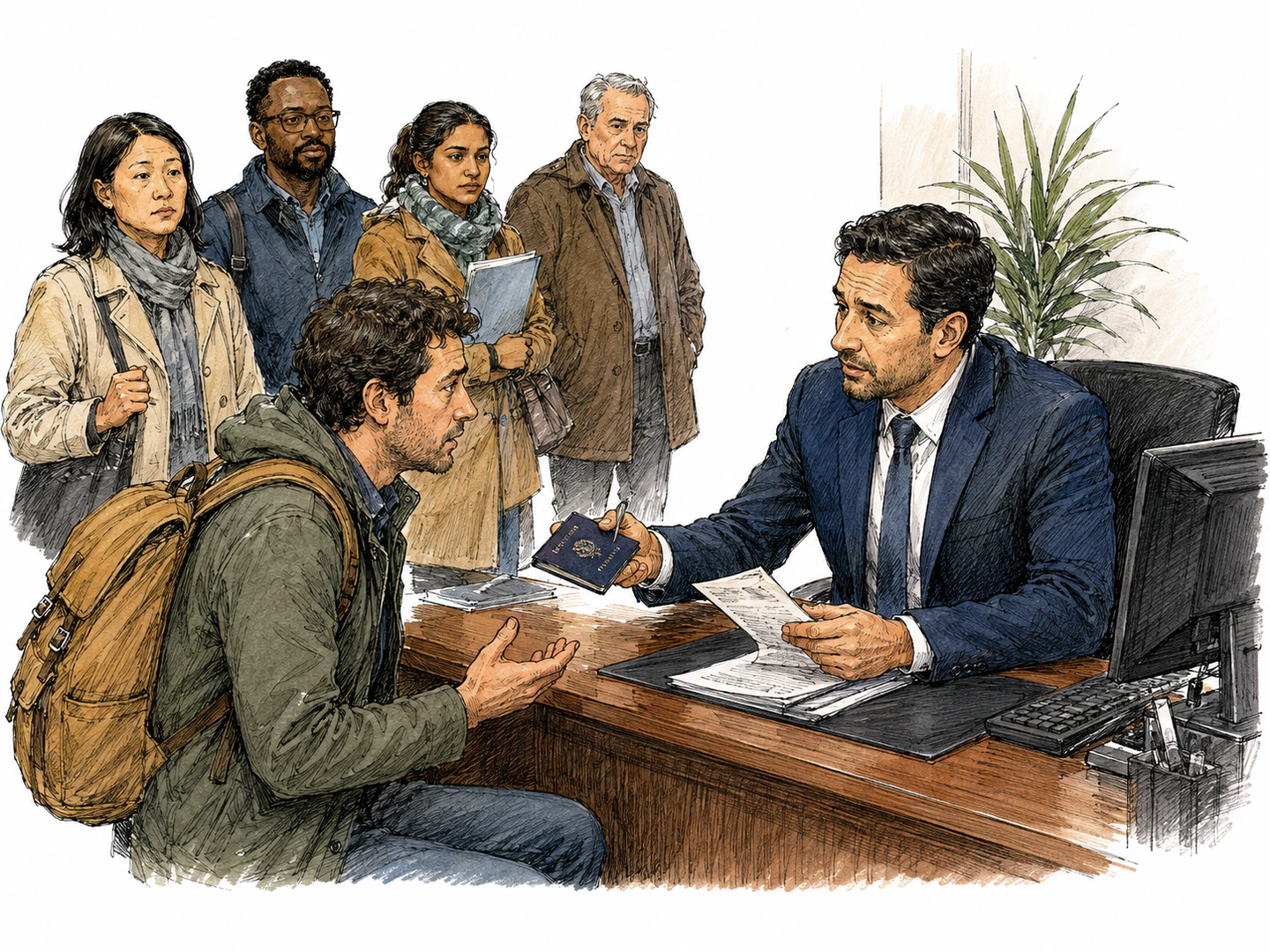 Inside a foreign government office, an official helps a worried traveler replace a lost passport while other citizens wait for assistance.