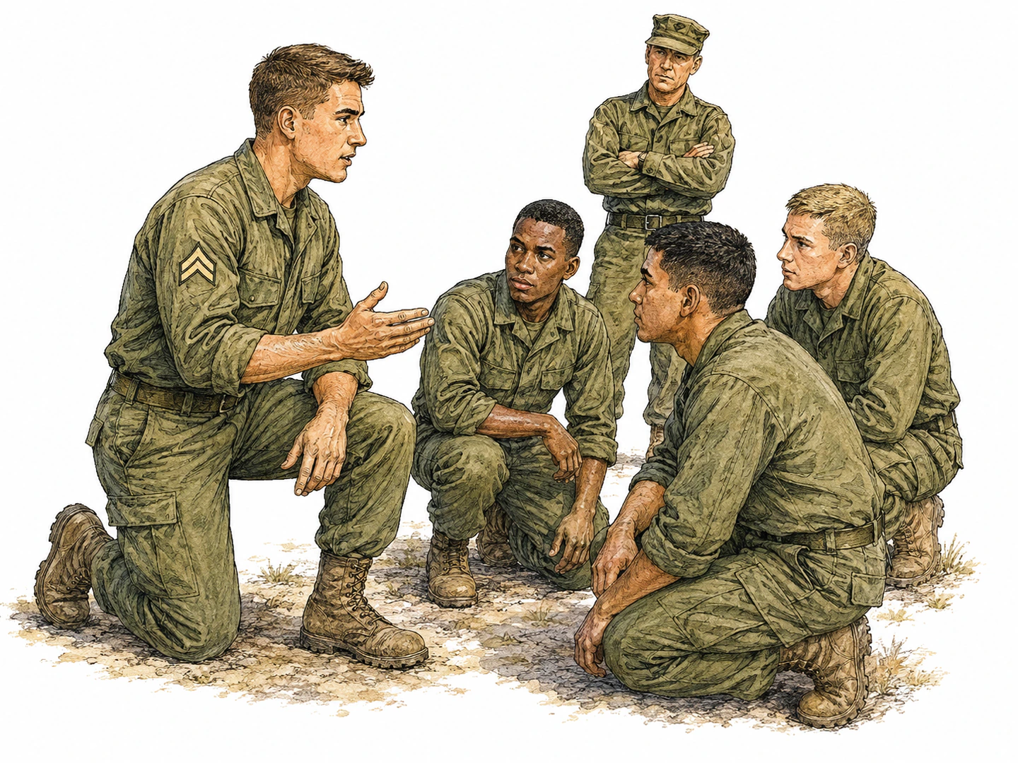 A young army corporal in plain olive fatigues directs a small group of three enlisted soldiers. His sleeve has exactly TWO simple upward chevrons. A senior officer stands farther back observing. No name patches, printed text, weapons or elaborate badges. Emphasize a junior leader guiding a small team.