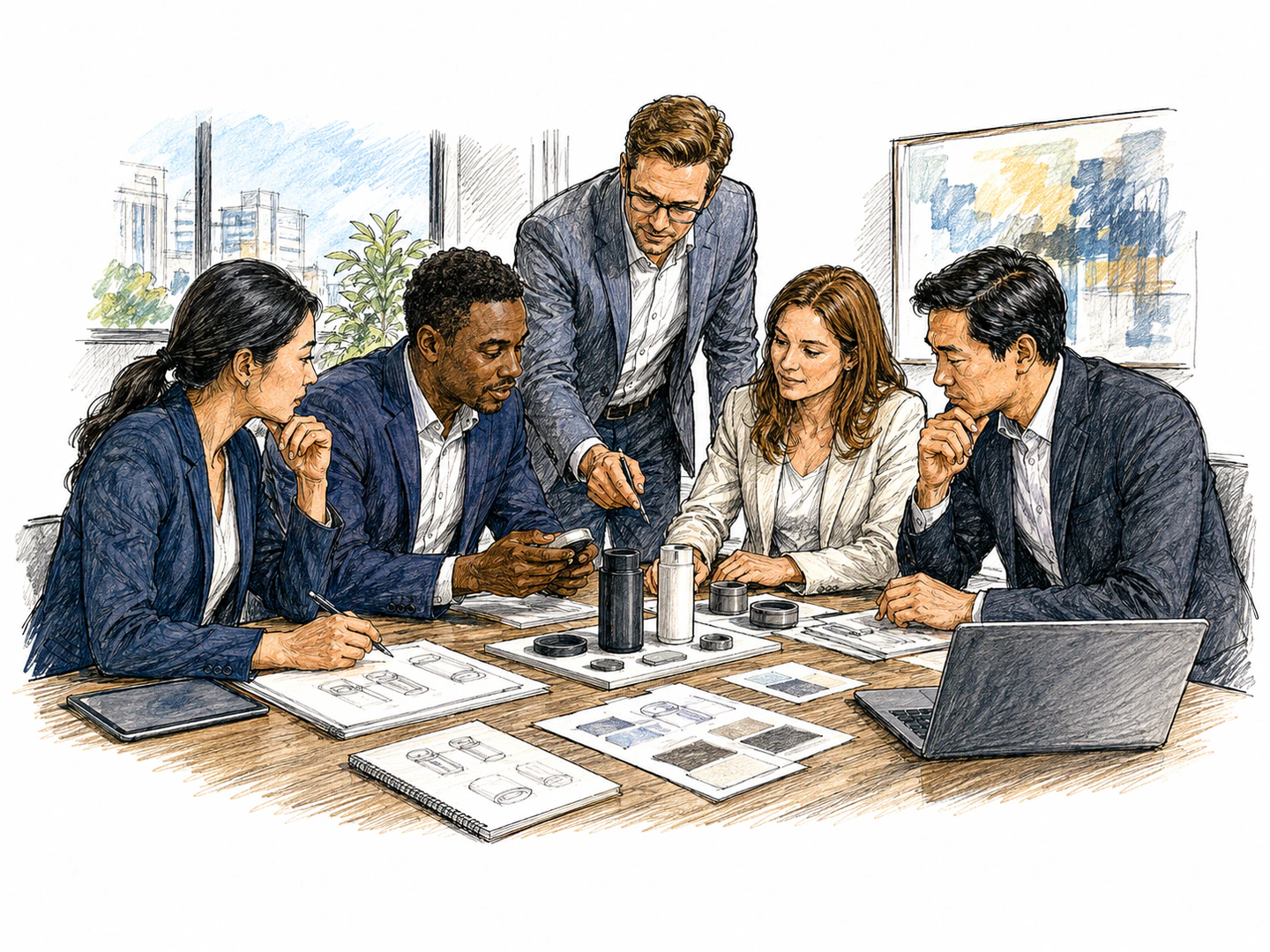 In an office conference room, company employees in business attire coordinate around product samples and shared workplace decisions.