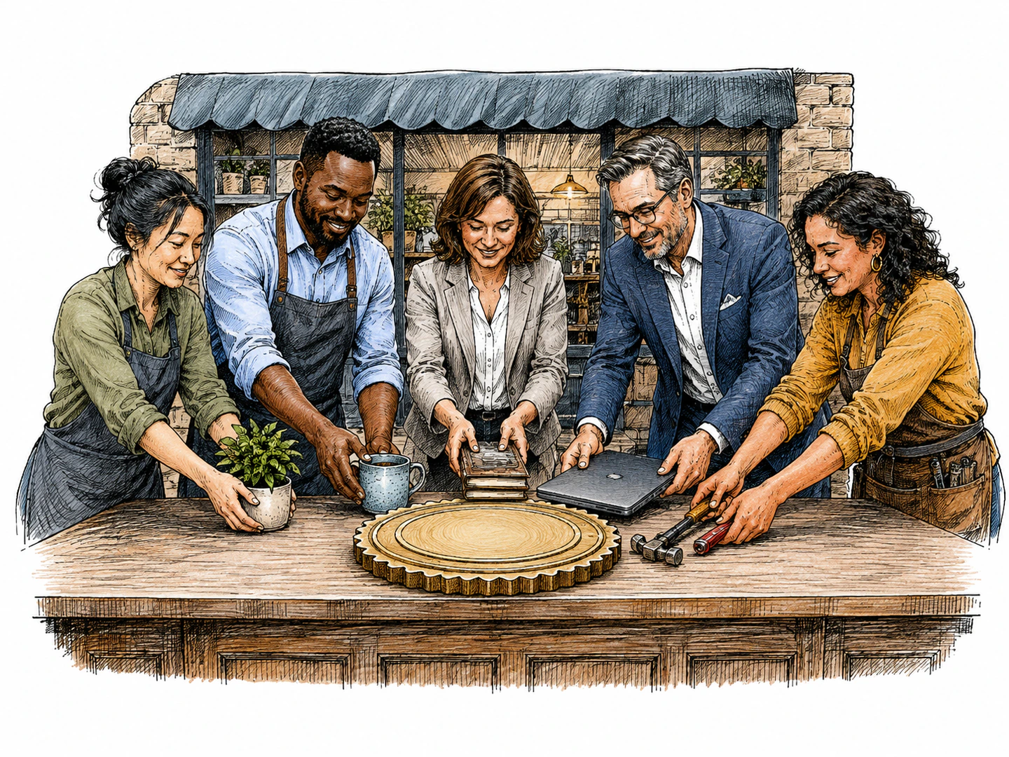 Several business partners stand behind one shared storefront and place their separate products and tools under one official company seal on the counter.