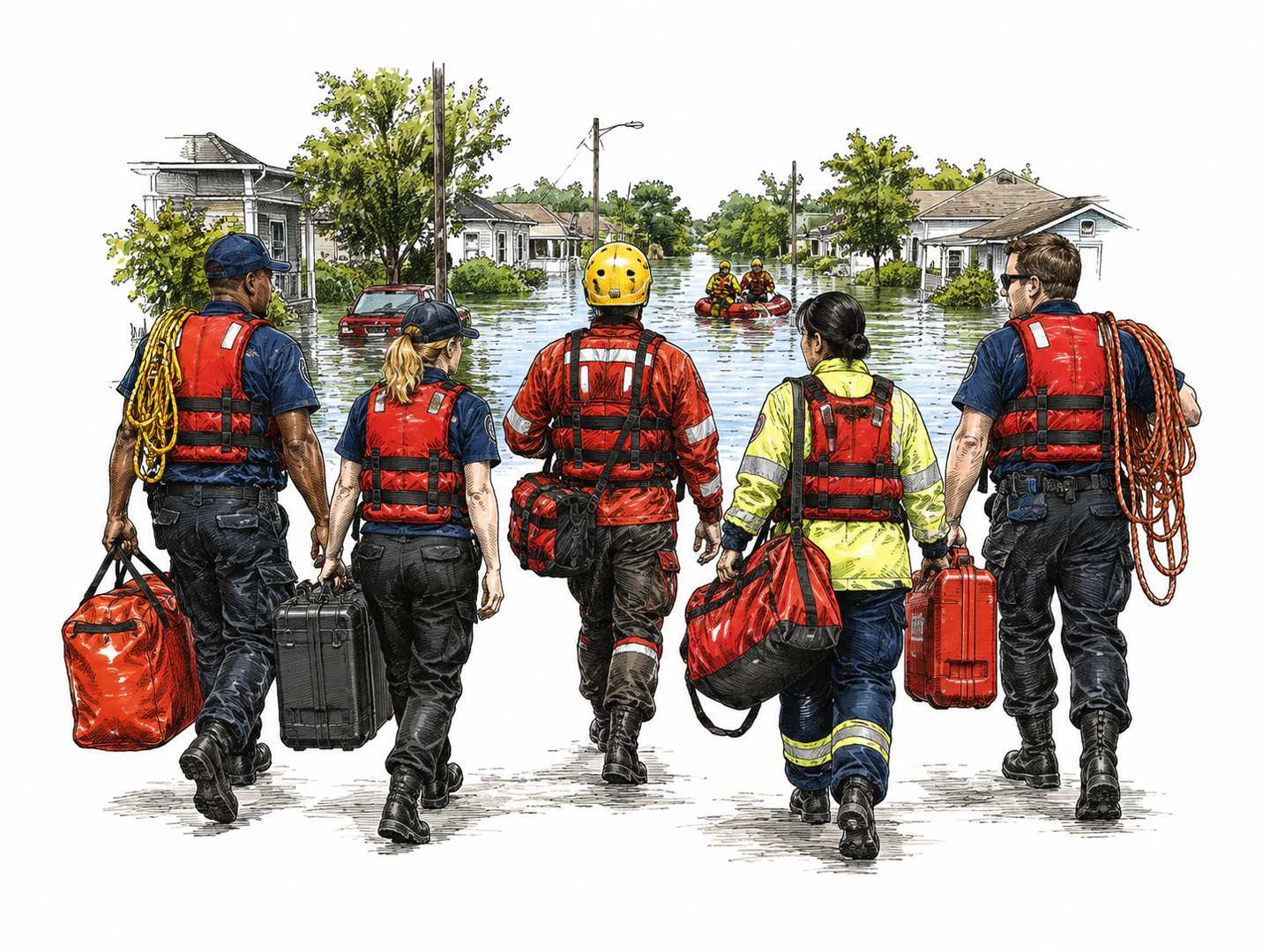 A coordinated rescue team in matching gear carries equipment together toward a flooded street, each member performing a shared emergency role.