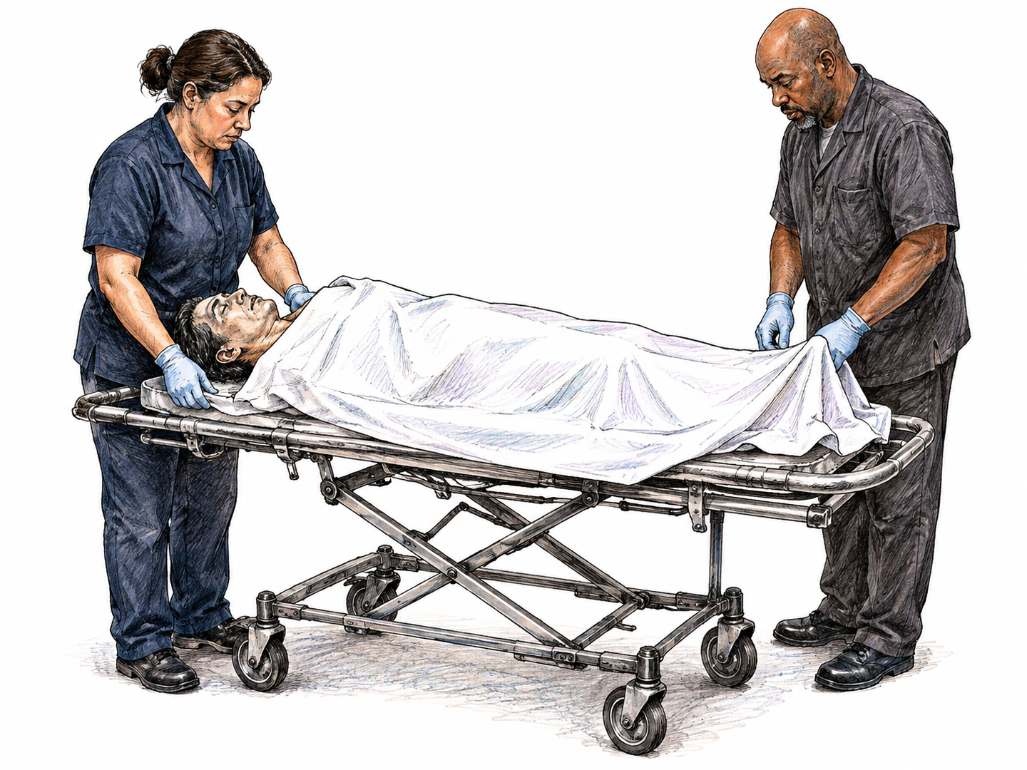 A dead human body lies motionless under a sheet on a stretcher while solemn attendants prepare it for respectful removal.