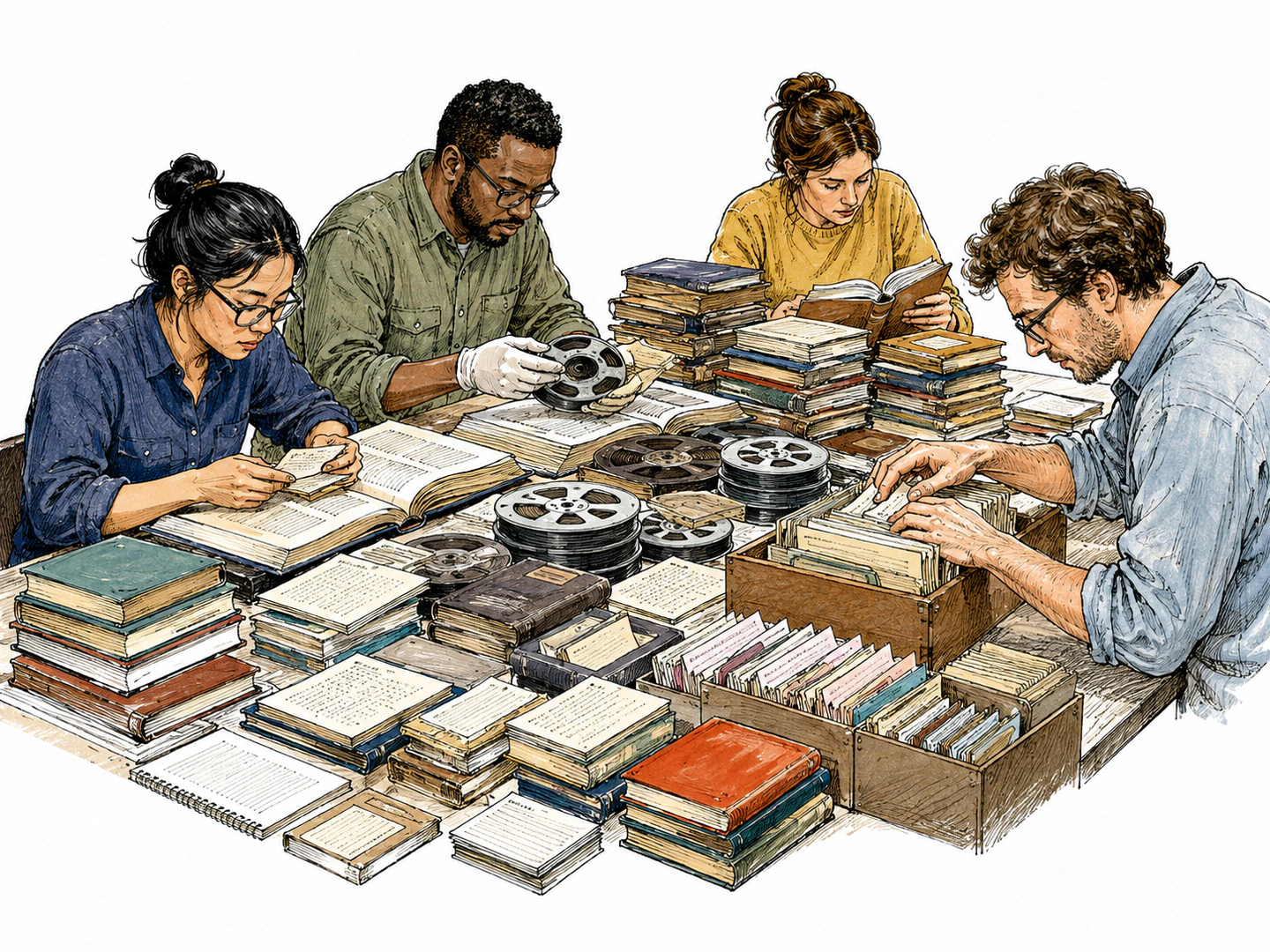 Researchers sort a vast collection of books, audio reels, and data cards across a study table, treating the gathered materials as evidence to analyze.