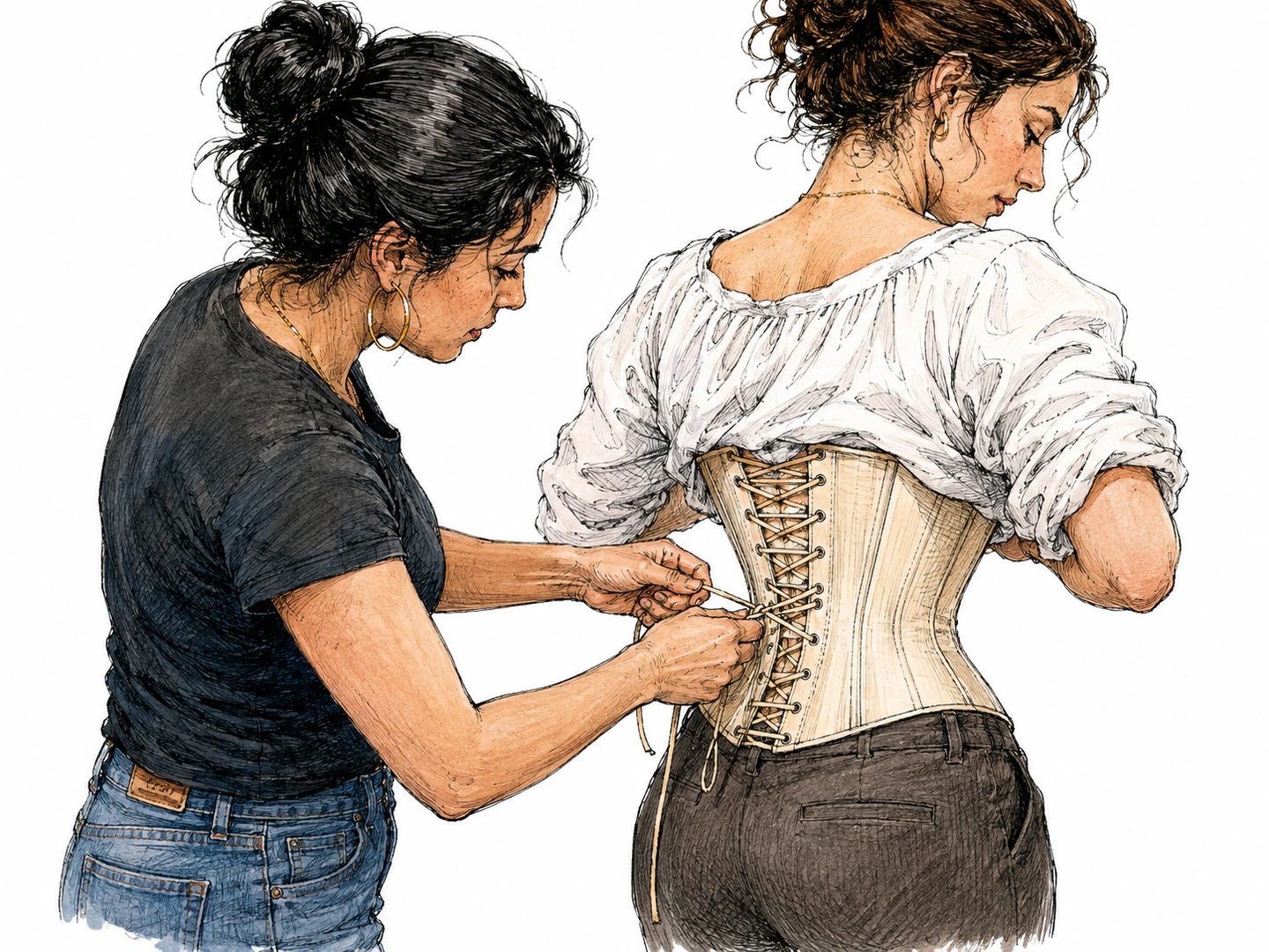 A person tightens the laces of a stiff undergarment around another adult's torso, visibly shaping the waist beneath outer clothing.