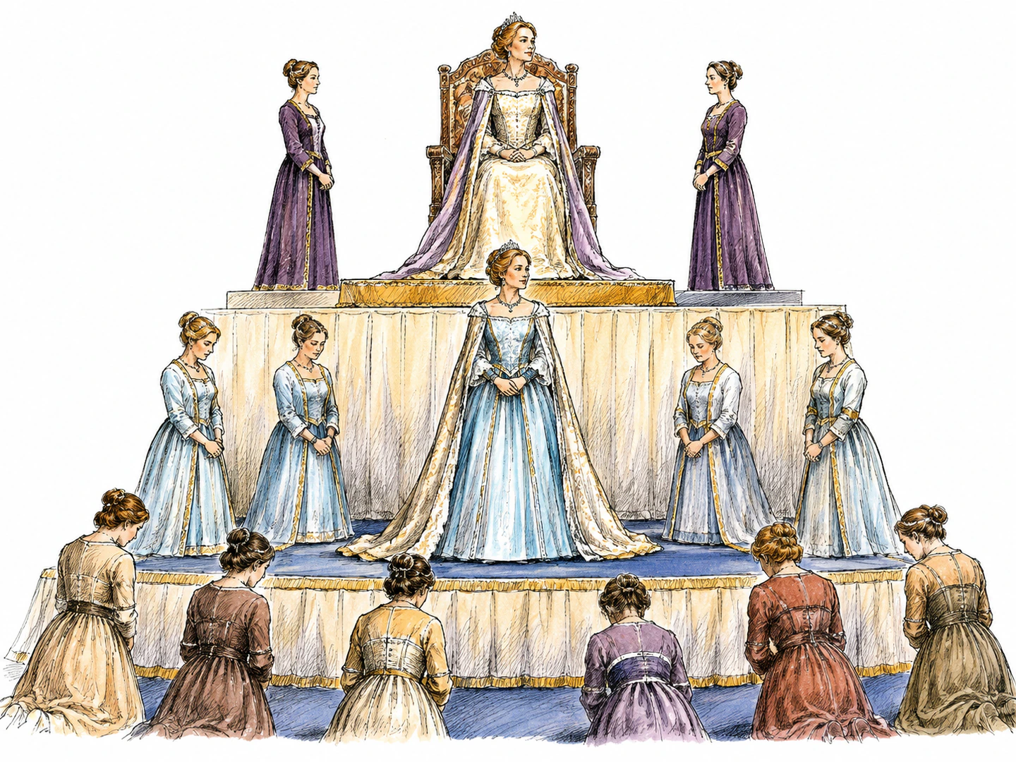 A noblewoman stands on the middle tier of a formal court ceremony, attended with more honor than one titled woman below her and less than another above her.