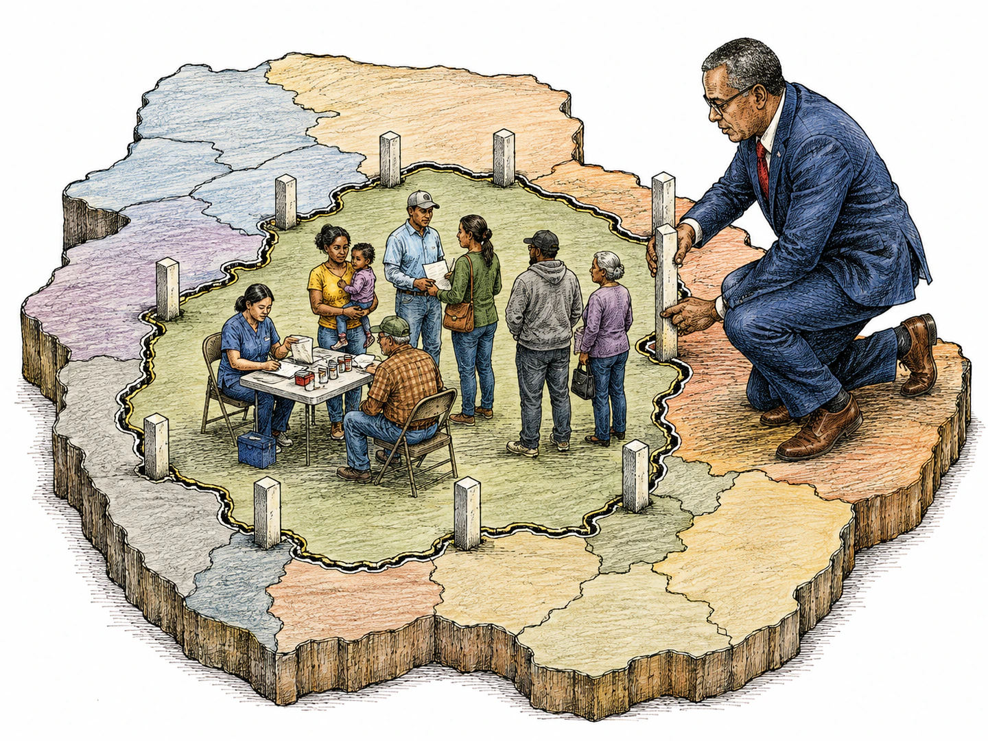 A state official places boundary markers around one governed region within a larger state map model while local workers gather inside that region for services.