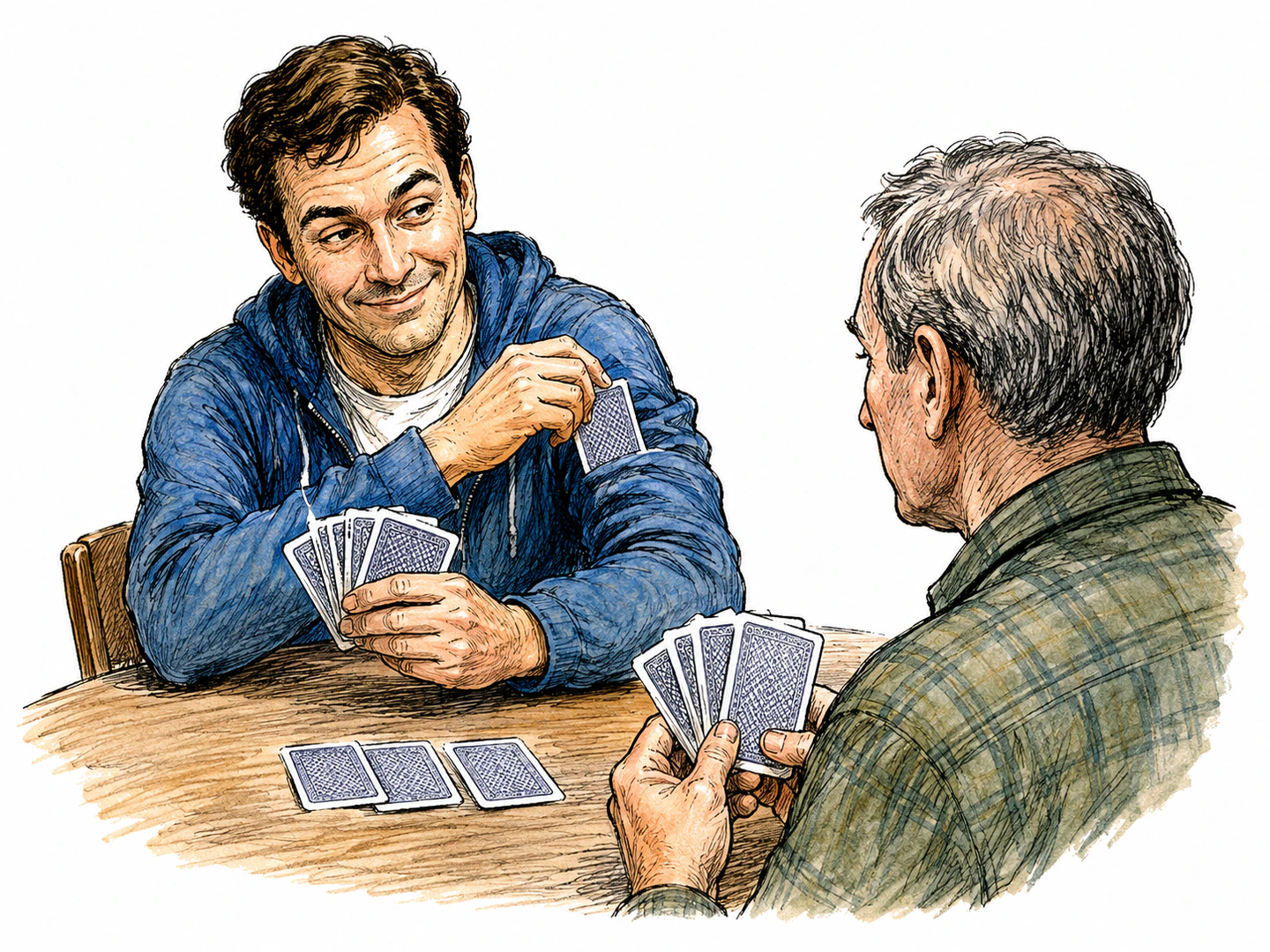 A card player hides a winning card up one sleeve while smiling innocently across the table at an unsuspecting opponent.