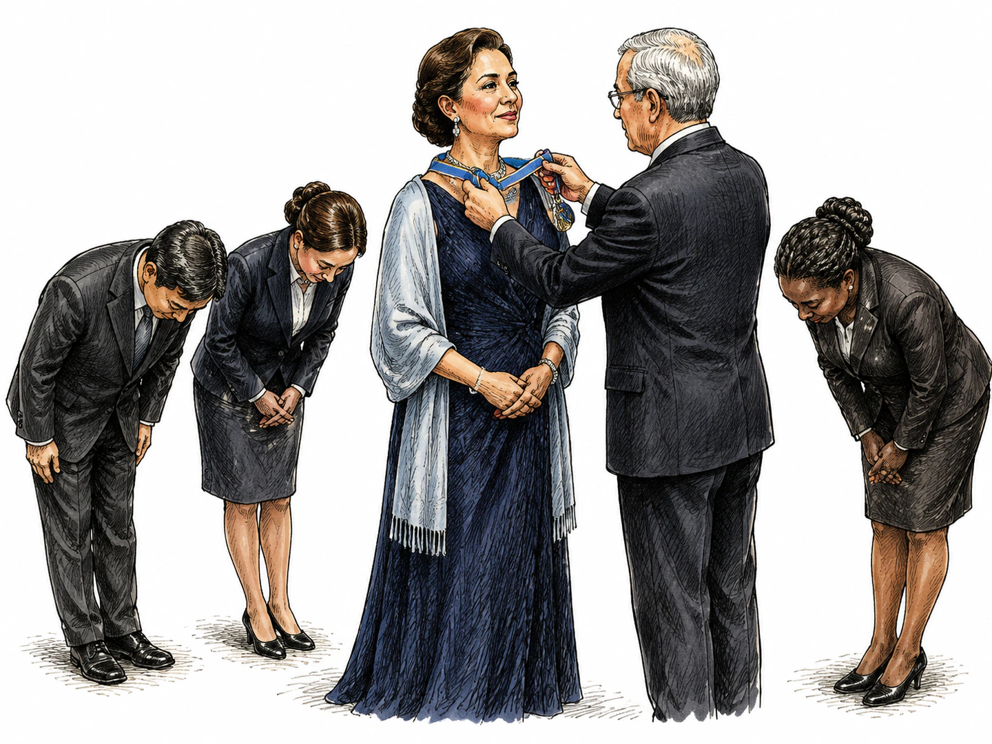 At a formal ceremony, a dignified woman receives an honor while attendants bow respectfully toward her.