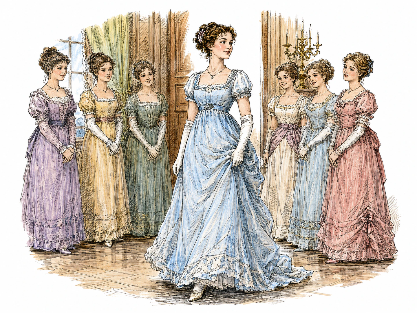 In an old-fashioned hall, a young woman in period clothing steps forward from a group of attendants as the central young female figure.