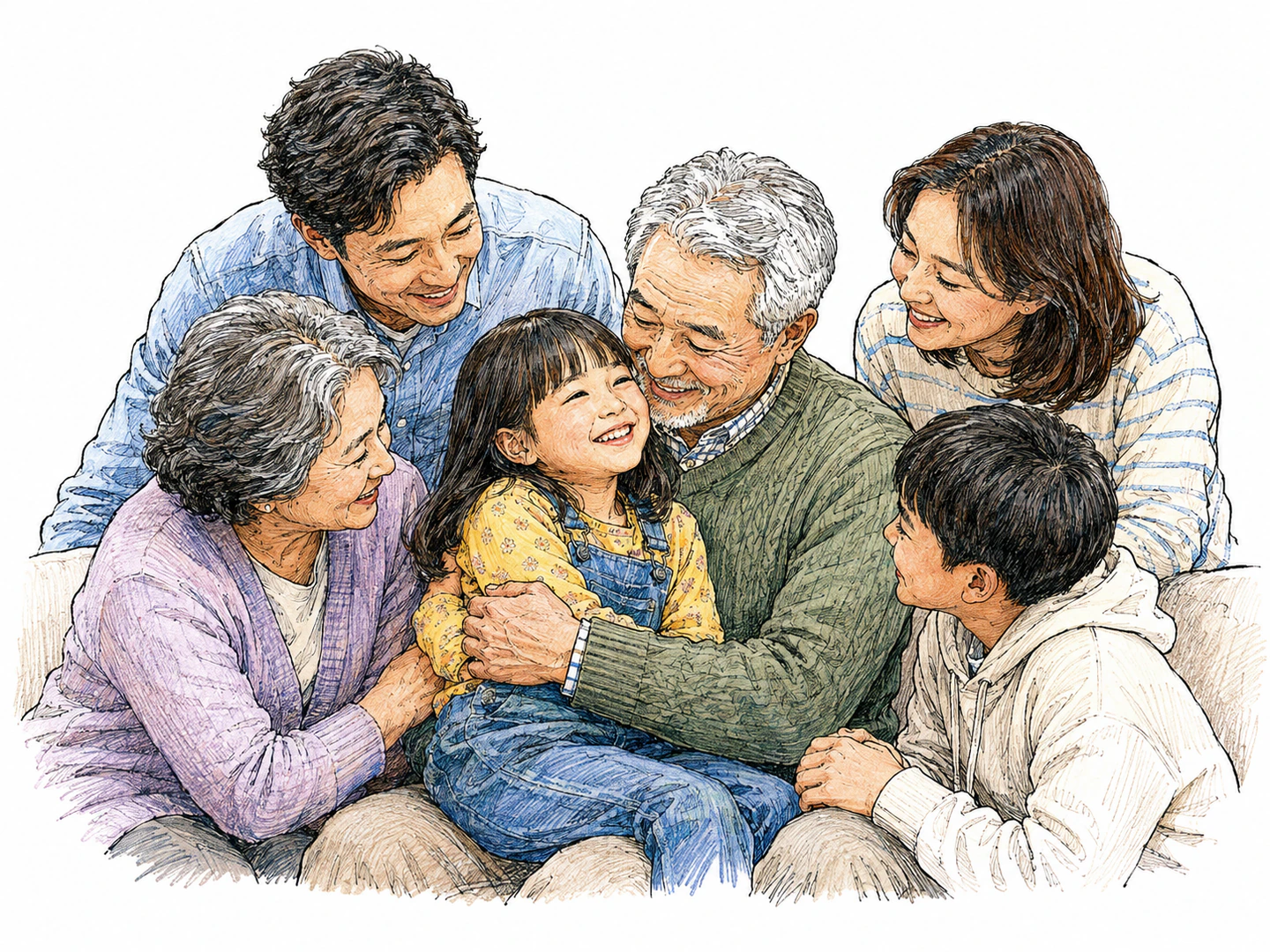 A grandparent embraces a smiling child while family members gather around with affectionate attention focused on that beloved person.