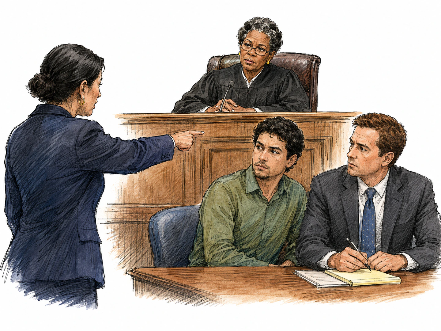 In a courtroom, an accused person sits beside a lawyer while an accuser points toward them and a judge listens from the bench.