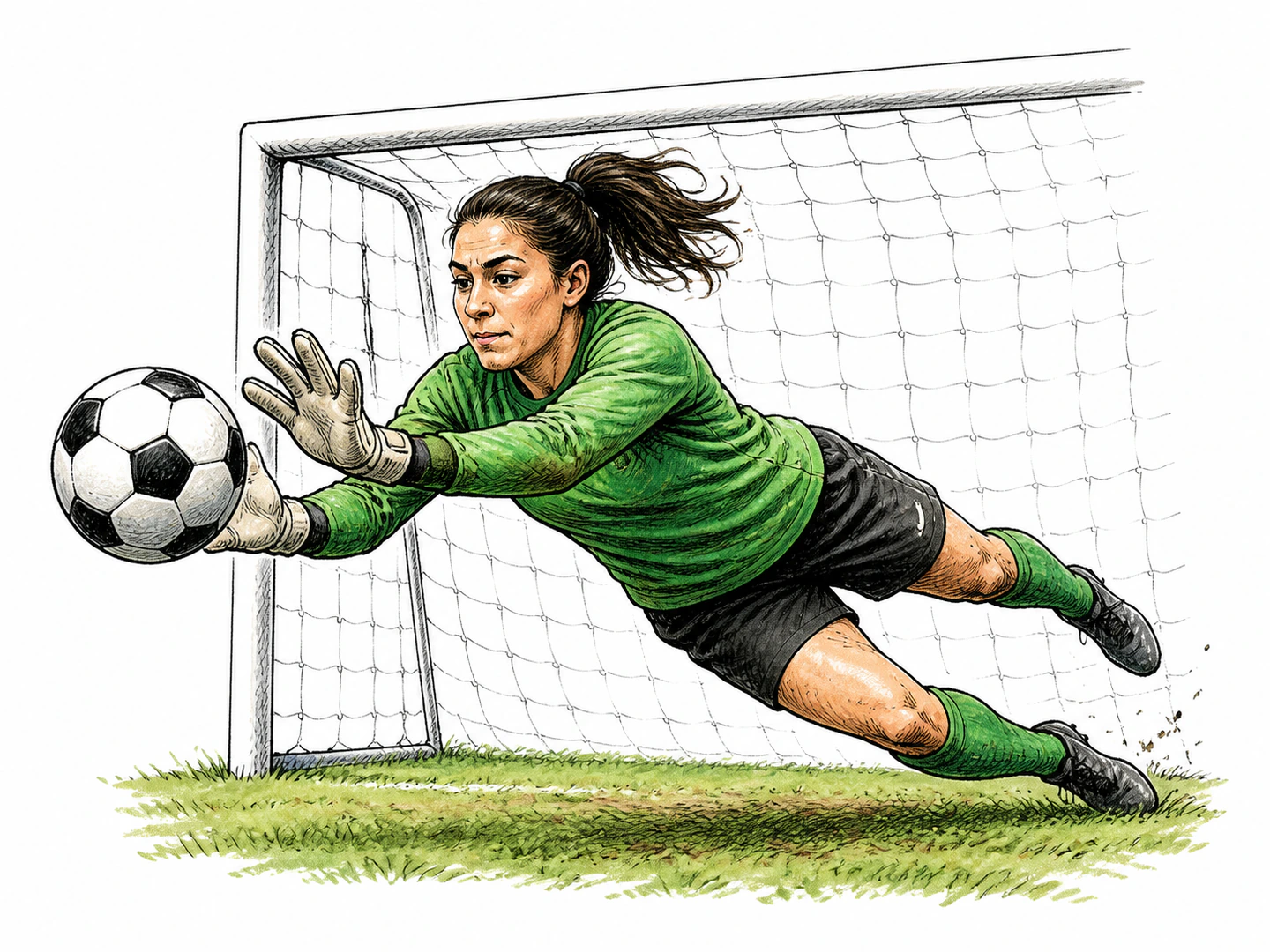 A goalkeeper dives between an incoming ball and the goal, protecting the net from attack.