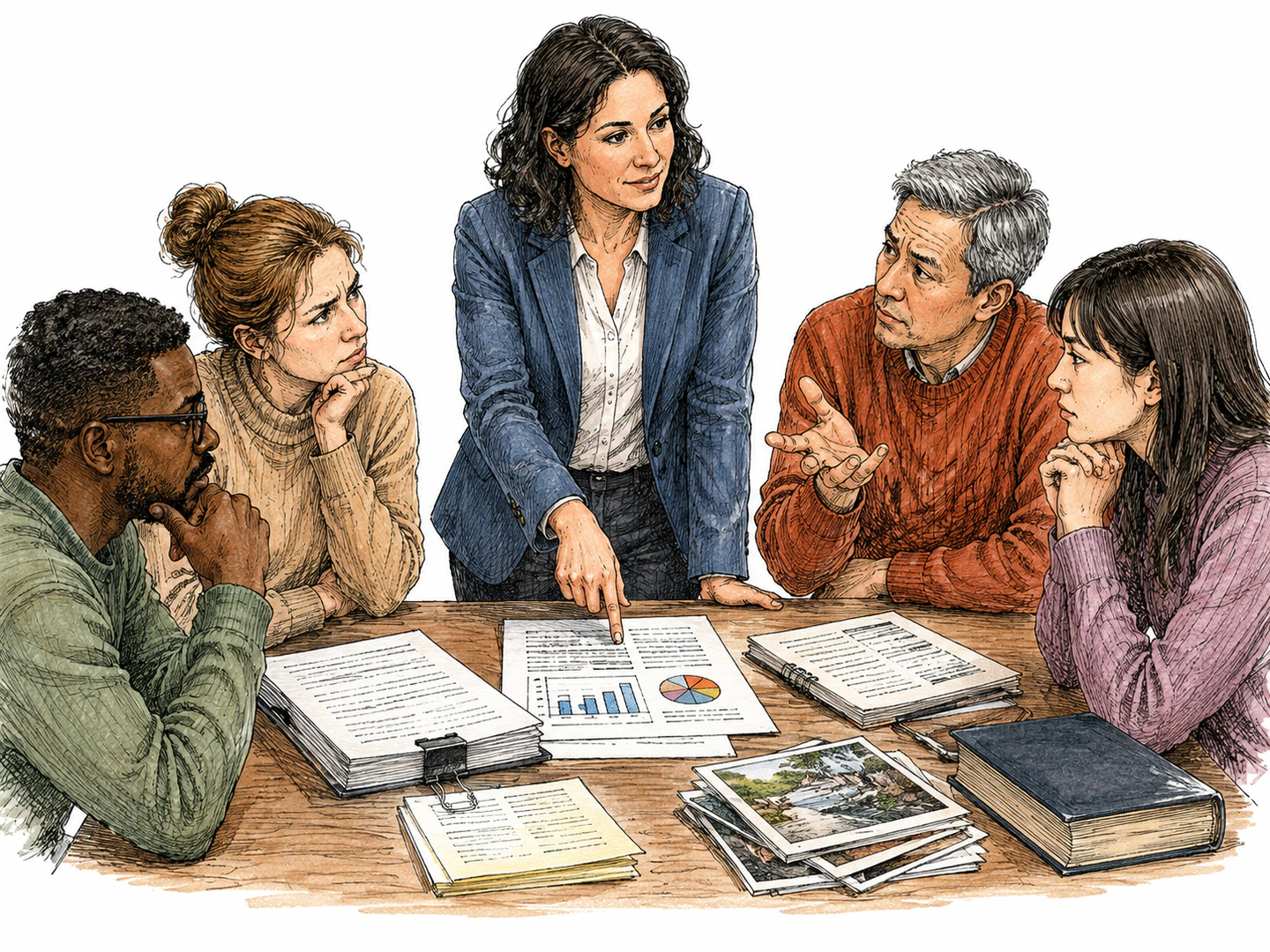 A speaker calmly points to solid evidence objects on a table while critics question the claim, showing that the position can be supported and justified.