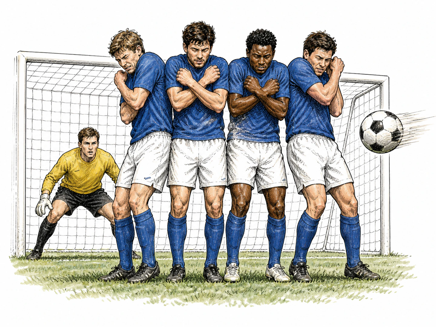 In one coherent football-field scene, four players form a wall in front of their goal, bracing protectively as a football approaches. A goalkeeper crouches behind them. No inset crowd, floating heads, comic effects, speed lines, sound lines, letters, numbers, logos or symbols.