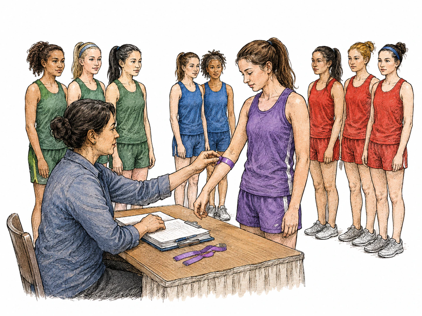 At an official registration table, a clerk places one contestant into a specific group with matching uniforms while other contestants remain in separate groups, making the assigned classification visible.