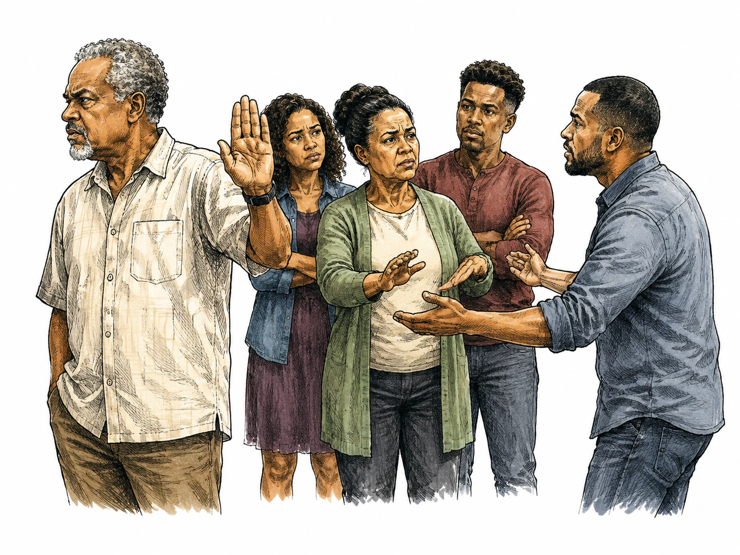 A parent turns away from an adult child reaching out, refusing an embrace while other relatives stand between them to show the denied connection.