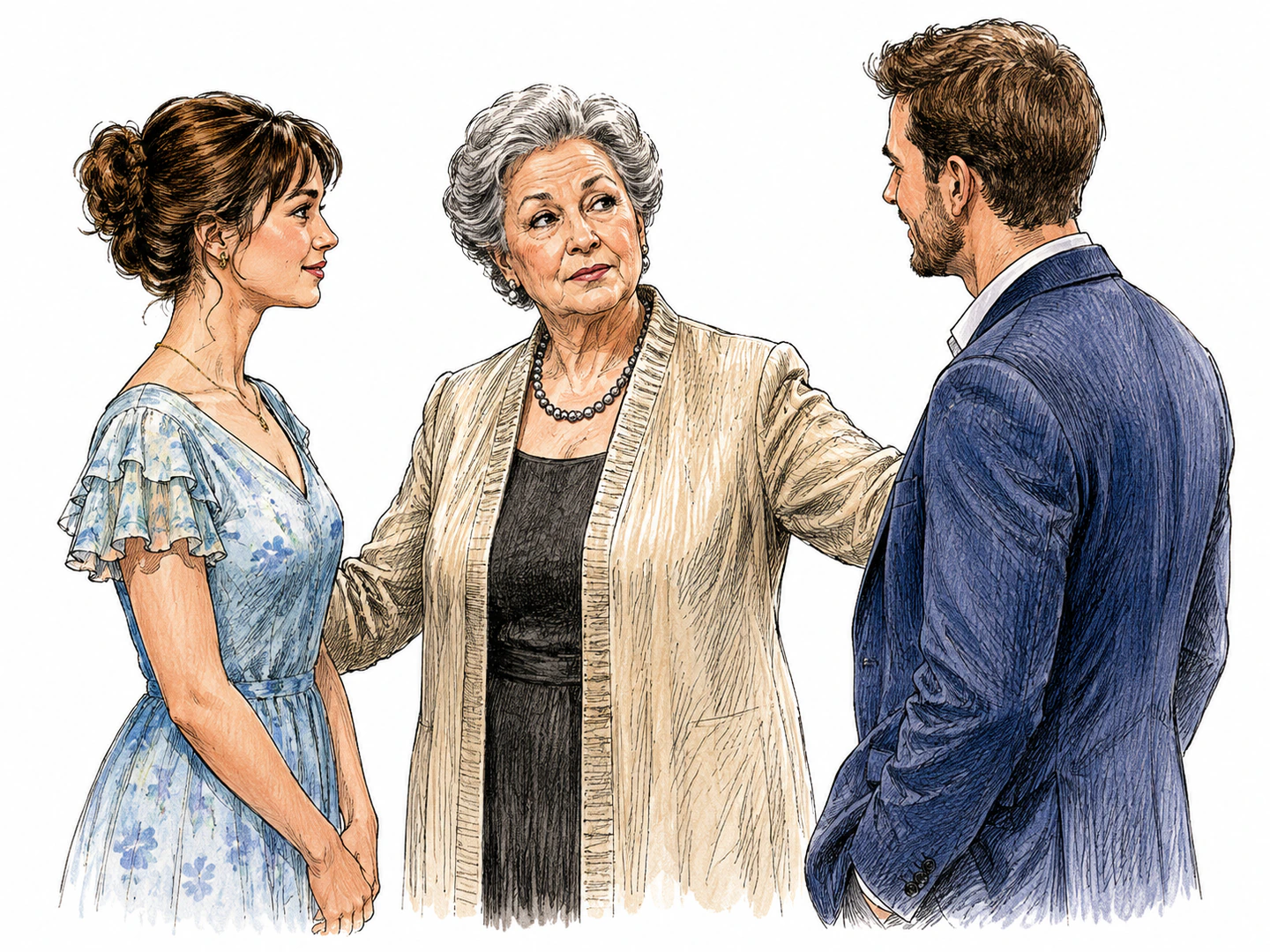 An older woman watches closely as a young woman meets a visitor, keeping herself between them as a chaperone.