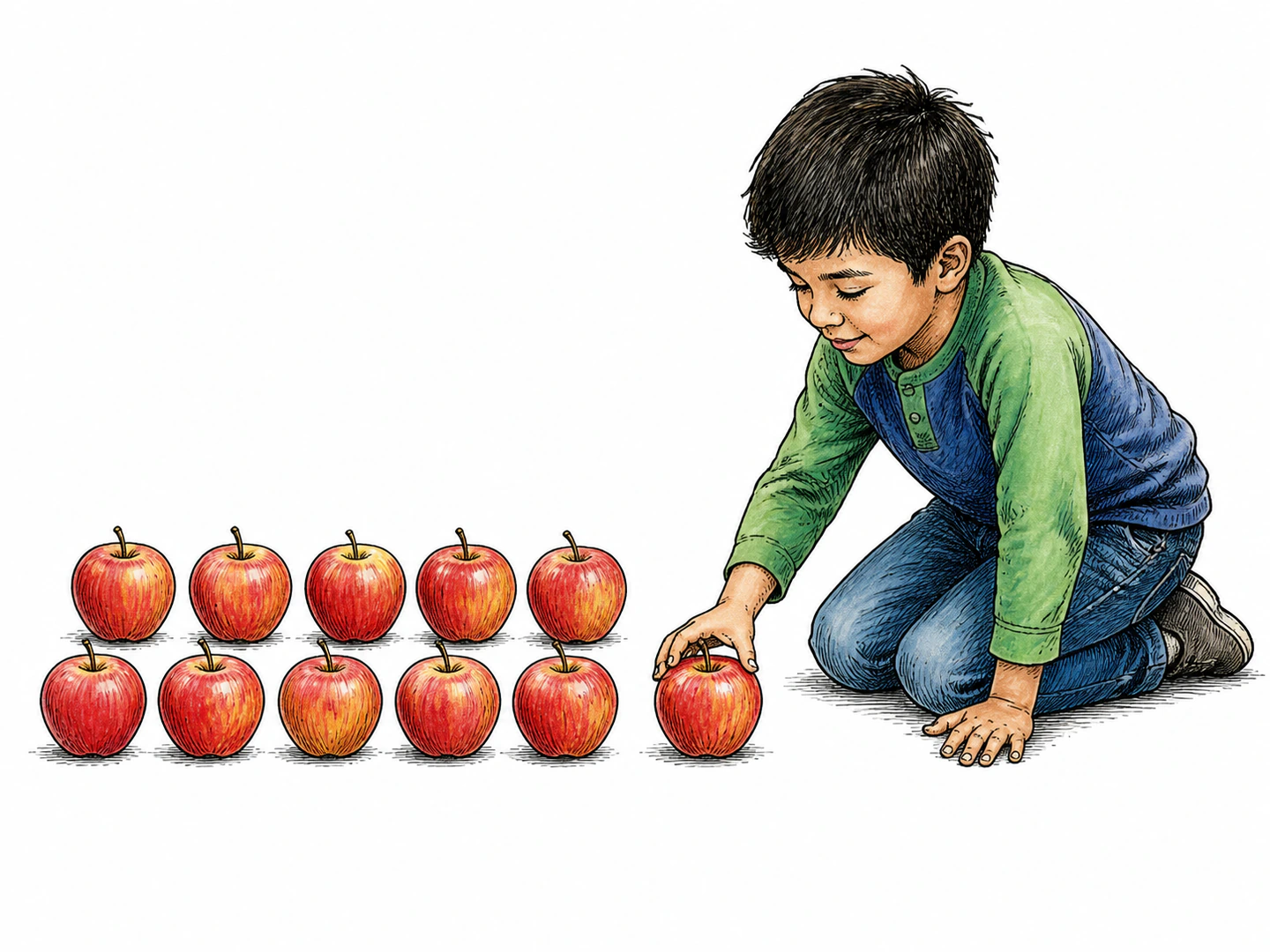 A child places one extra apple beside a complete group of ten apples, making a total of one more than ten.