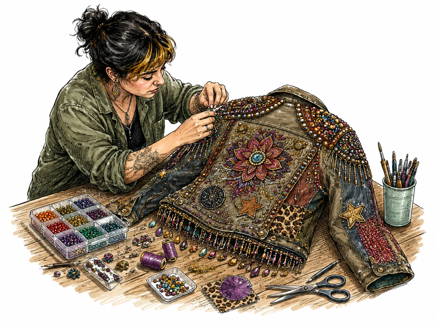 At a craft table, a person decorates a plain jacket with beads, patches, and extra dramatic flourishes until it looks far more ornate.
