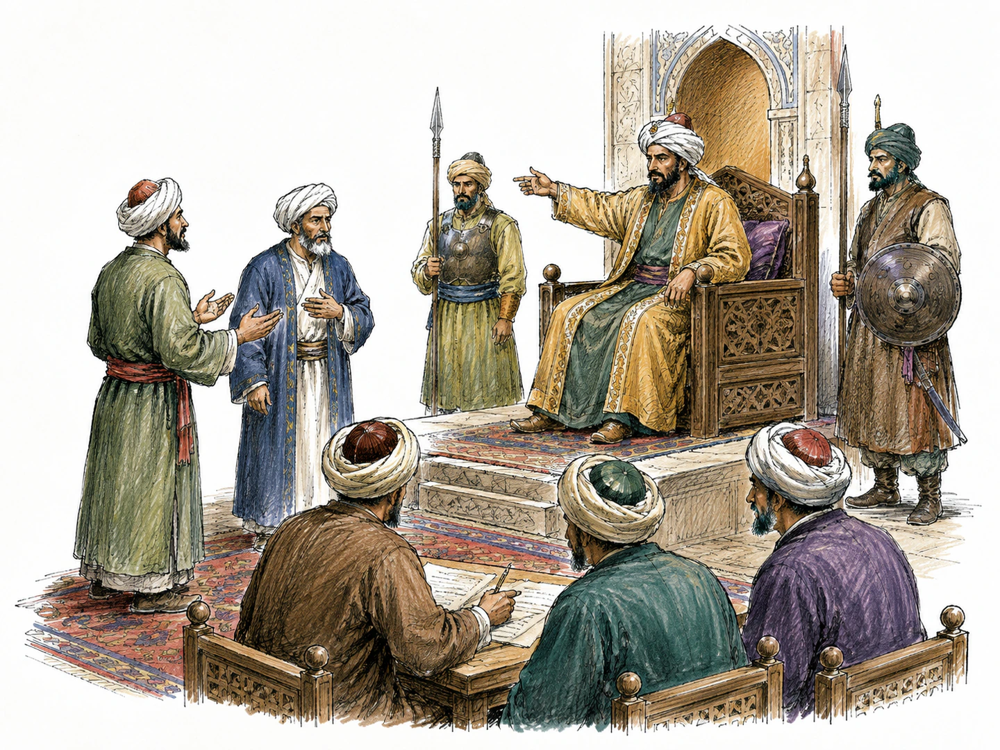 A ruler in a Muslim court directs soldiers and provincial officials from a raised seat while attendants present disputes for his command.