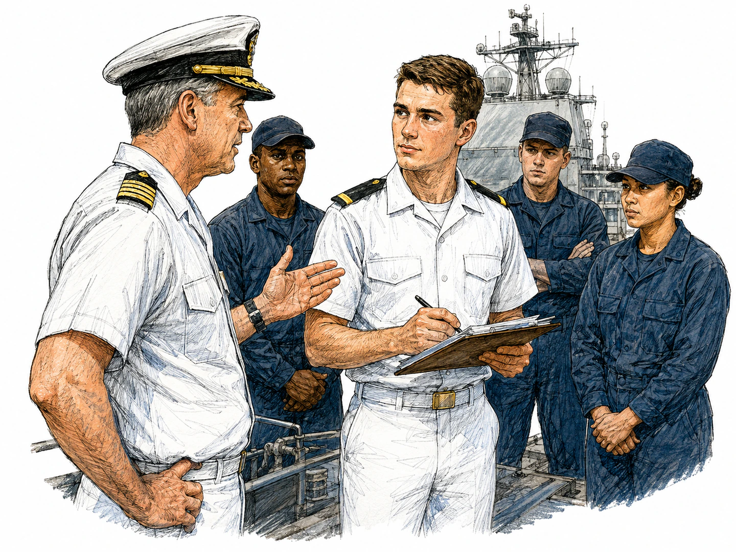 On a U.S. naval ship, a young commissioned officer with one plain gold bar on each shoulder receives directions from a senior officer while enlisted sailors stand nearby; the junior officer is the focus.