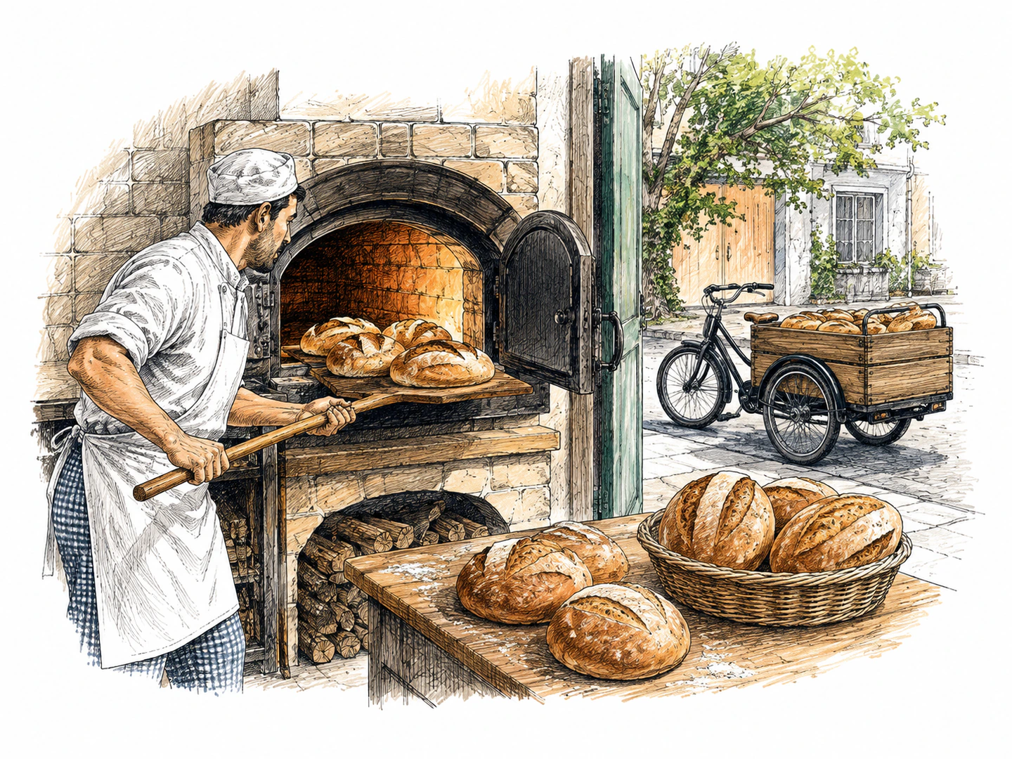A baker pulls loaves from the oven while the delivery cart waits outside for the later departure time.