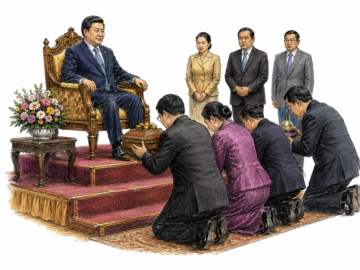 At a diplomatic ceremony, attendants bow deeply to a high-ranking official seated above the delegation while presenting formal gifts.