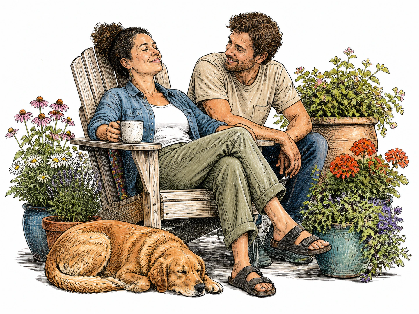A person rests contentedly in a garden chair while their partner smiles beside them and a relaxed dog sleeps at their feet; warm expressions and easy posture show quiet happiness.