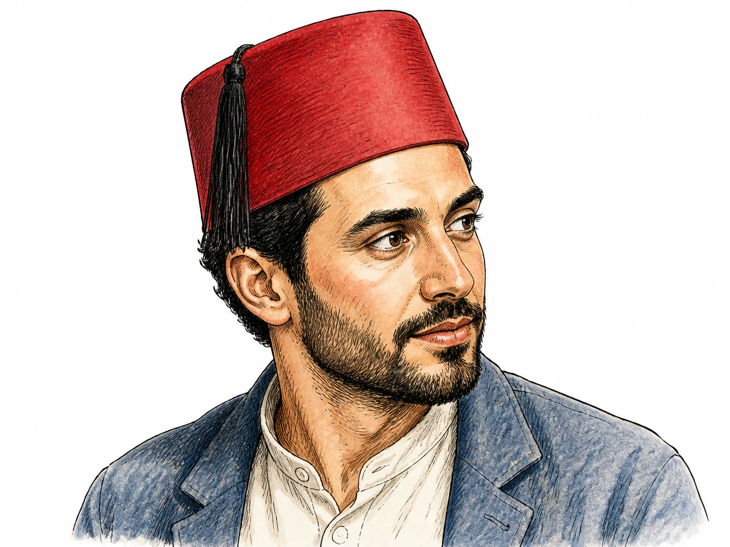 An adult wears a red brimless felt fez with straight sides, a flat top, and a black tassel; a close three-quarter view clearly shows the hat’s shape.