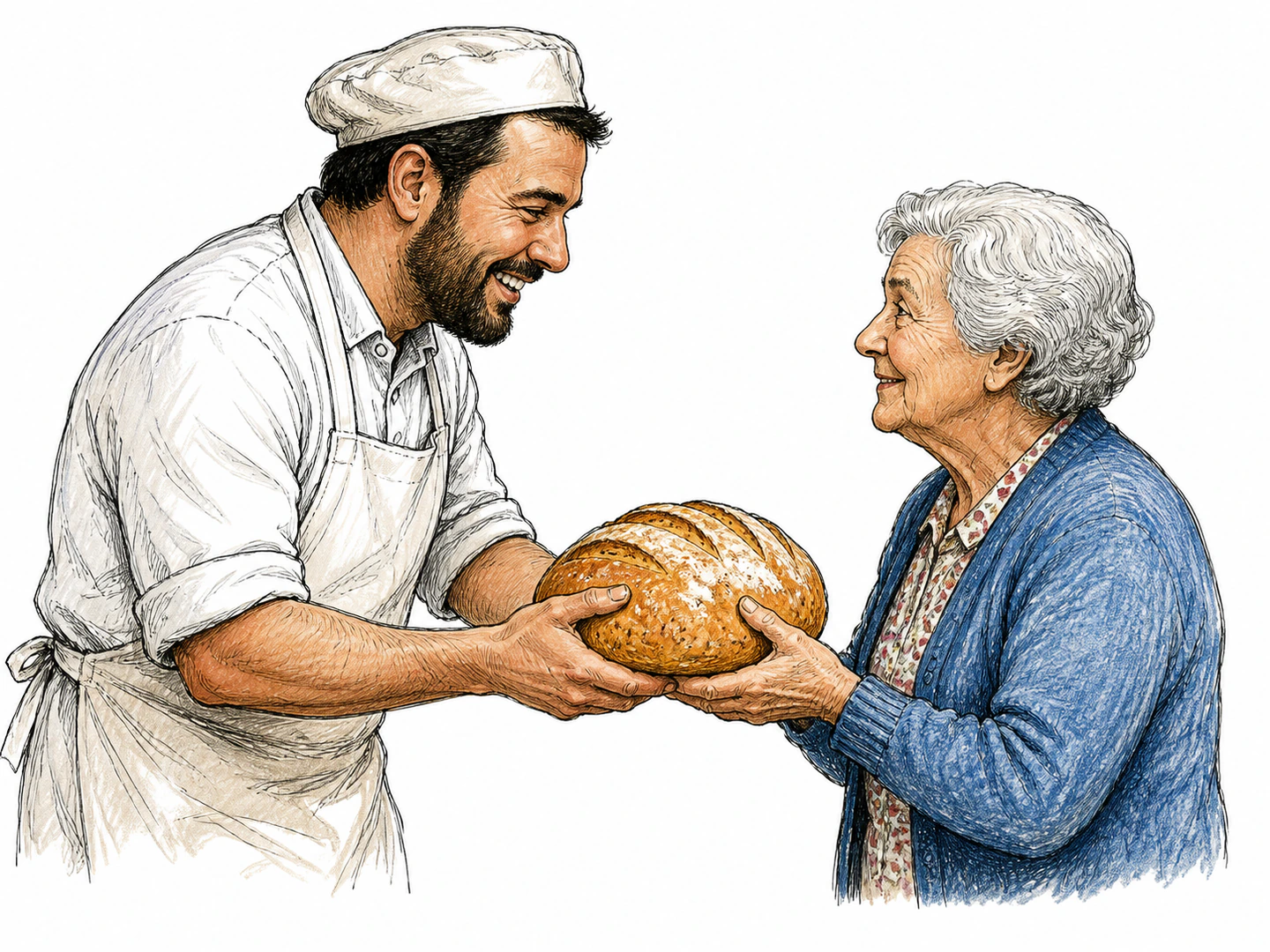 A baker places a fresh loaf into an elderly neighbor's hands, making the bread clearly intended to benefit that person.