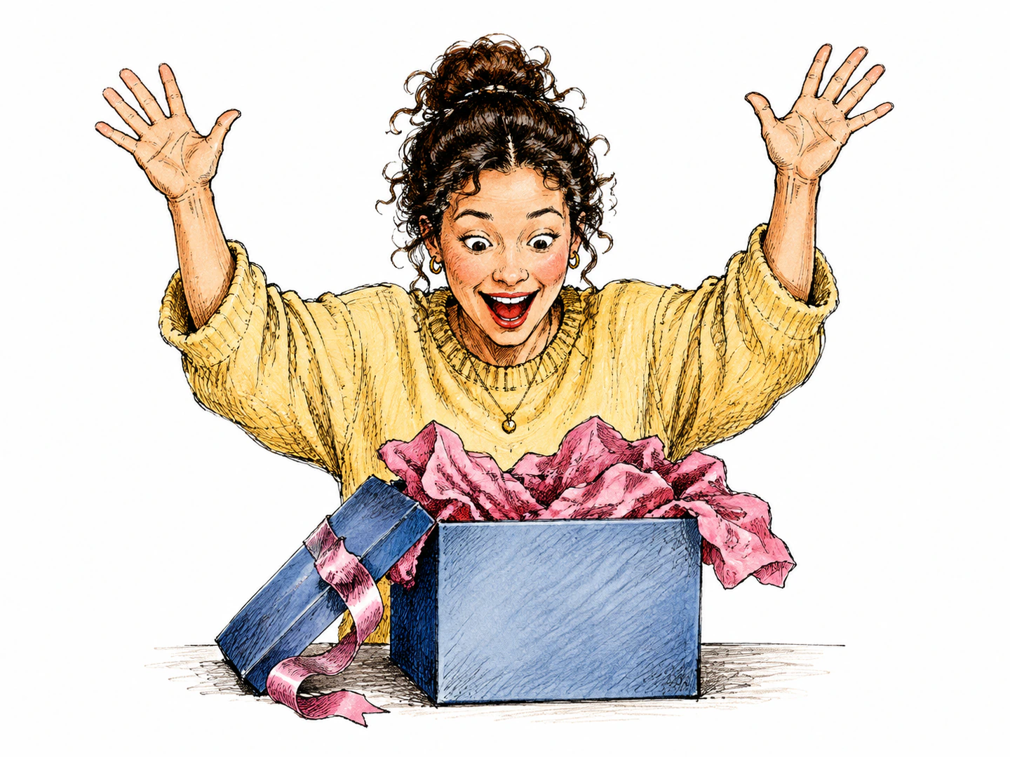 A person opens a gift box and throws both hands up with wide eyes and an excited smile of sudden surprise.