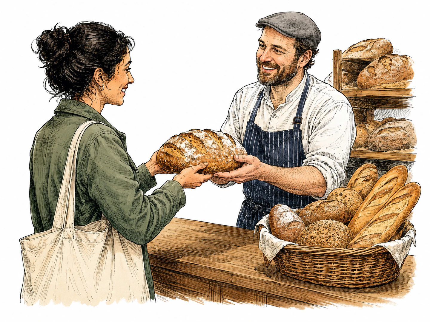 A shopper receives a loaf of bread from a baker and holds it in both hands, showing they have come to have it.