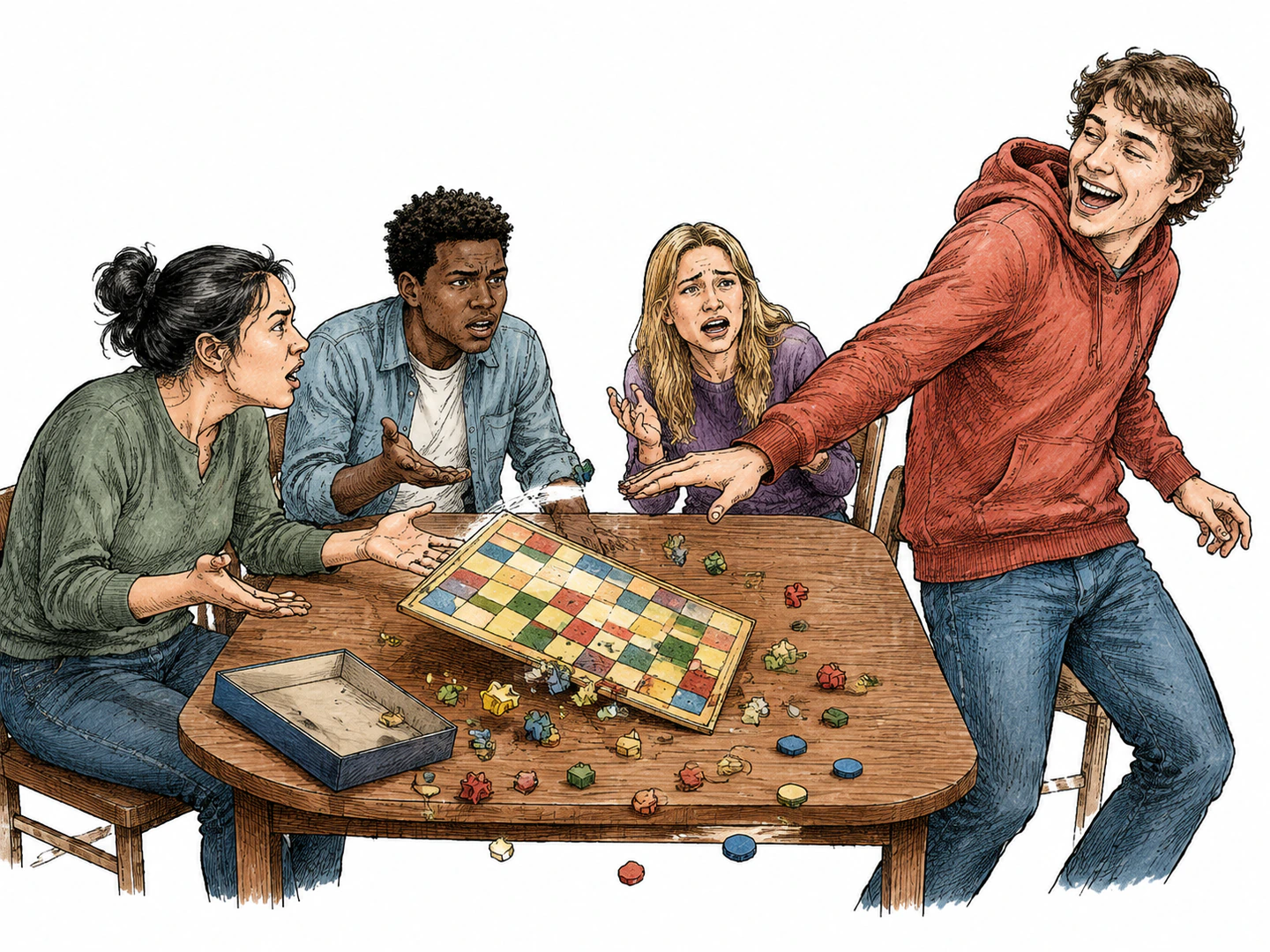 An unpleasant person knocks over a shared game, laughs at the mess, and ignores the upset players, making foolish and disagreeable behavior visible.