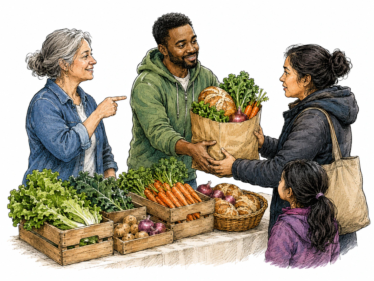 At a food drive table, a volunteer gently gives a full grocery bag to a worried parent while another person points approvingly at the helpful act.