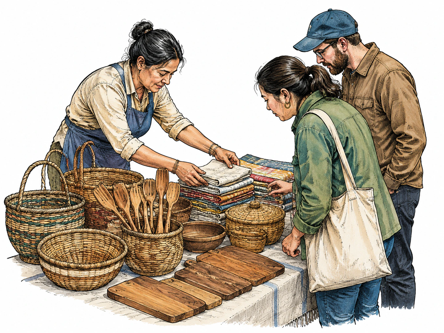 A vendor arranges baskets, tools, and folded cloth on a market table while customers inspect the items for sale.