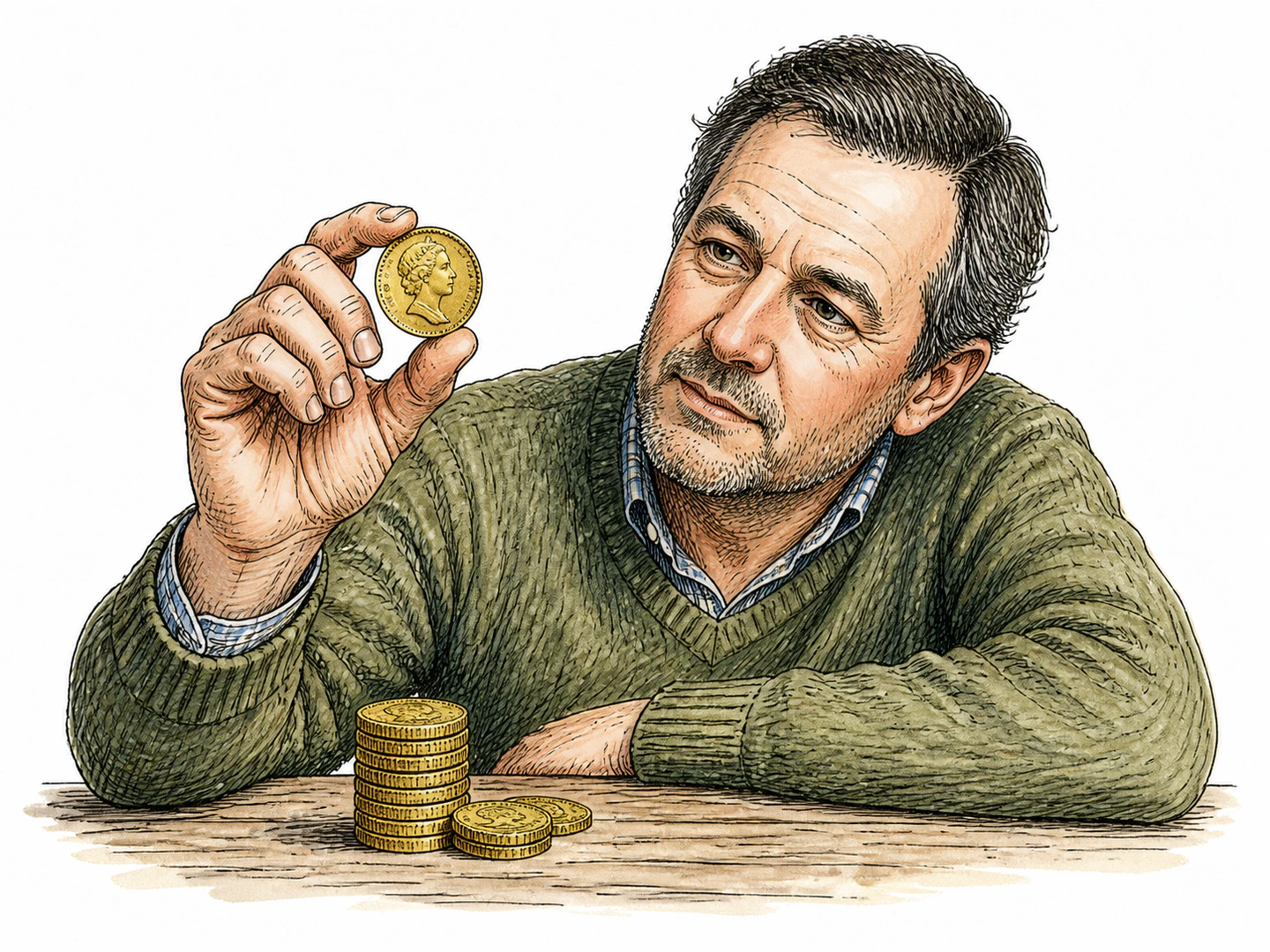 A collector holds up an old British gold coin beside a small stack of matching gold coins, treating it as a former unit of money.