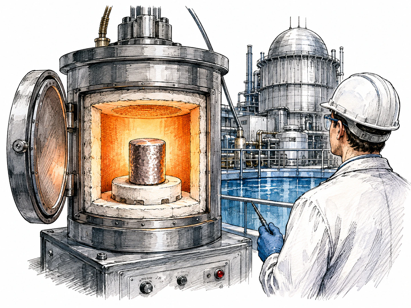 In a high-temperature testing lab, a metallic sample sits inside a heat-resistant apparatus beside nuclear equipment, showing the element's specialized industrial use.