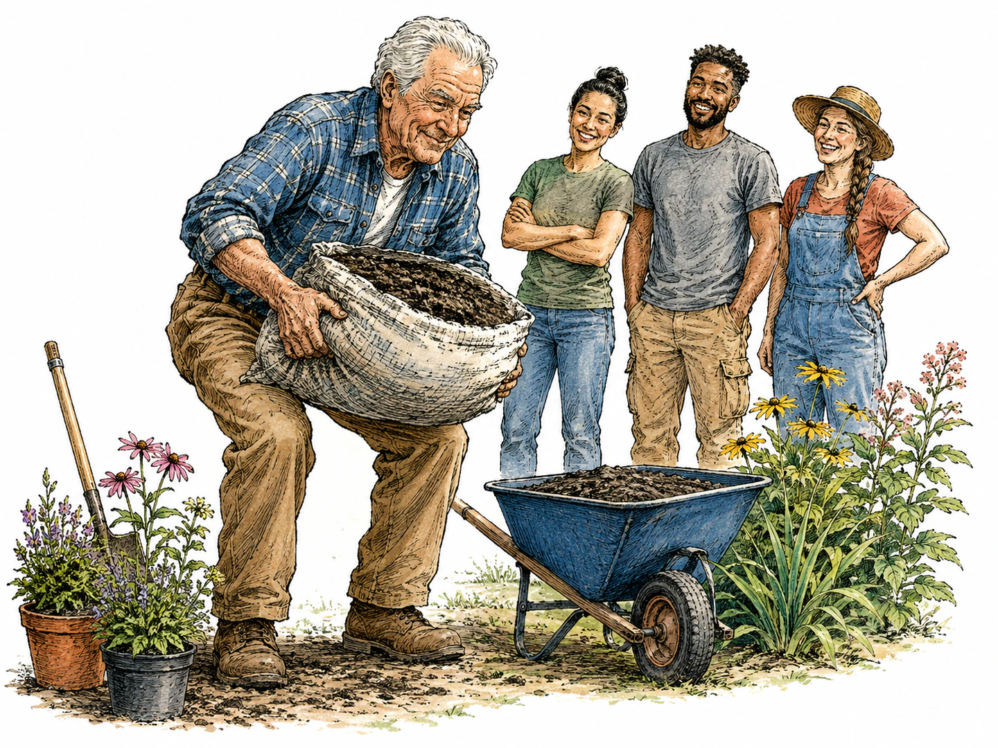 An elderly gardener lifts a heavy sack of soil with steady posture while younger neighbors watch admiringly, making robust health and strength in old age visible.