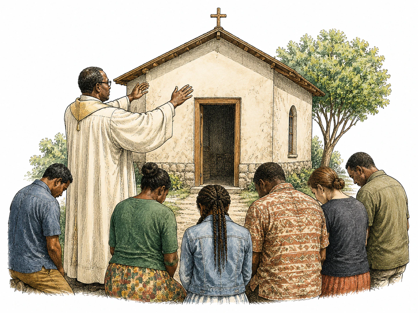 A religious leader raises hands over a simple place of worship while gathered people bow respectfully, treating the space as holy from that moment.