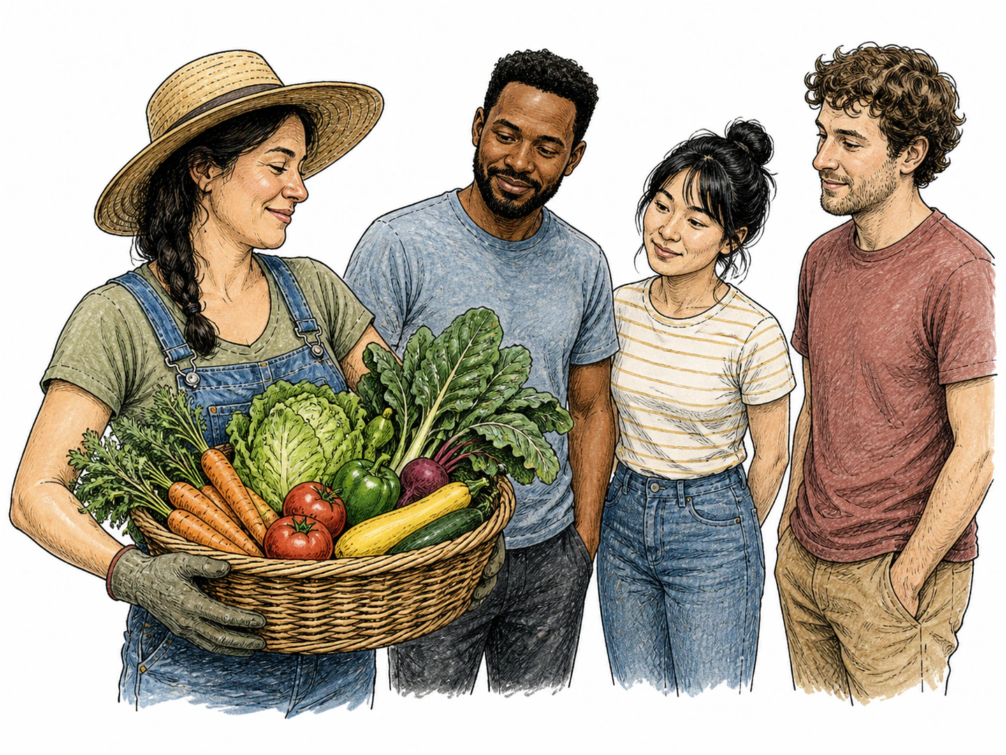 A gardener holds a basket of vegetables close while other empty-handed people look on, showing the gardener possesses them.