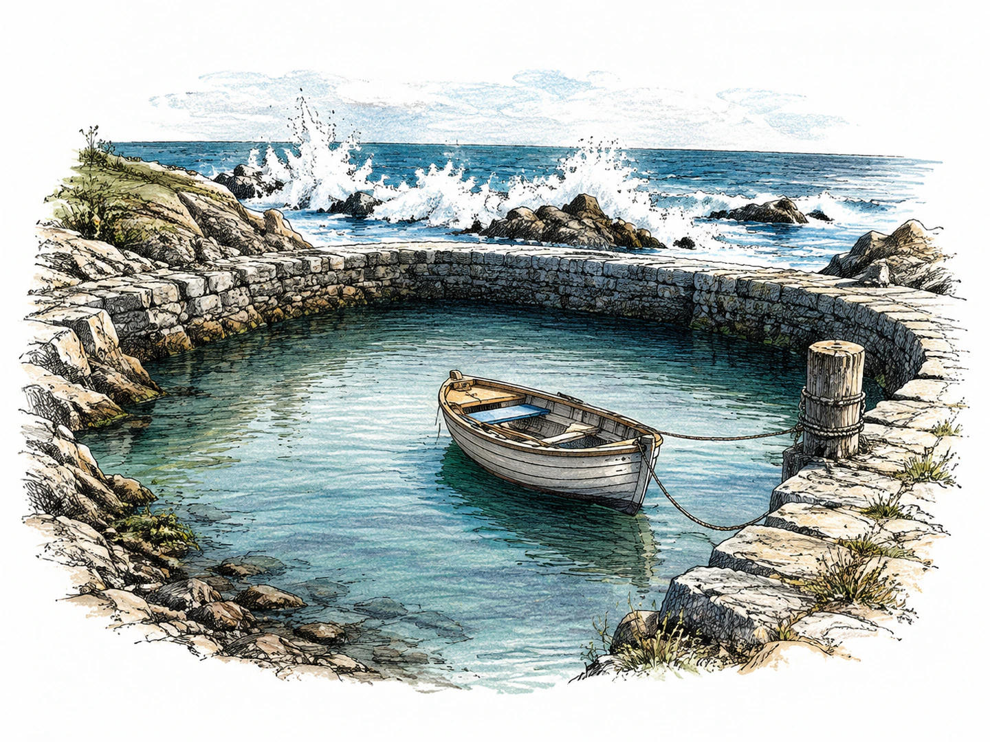 A small boat rests in a sheltered harbor while rough waves break outside the calm inlet.