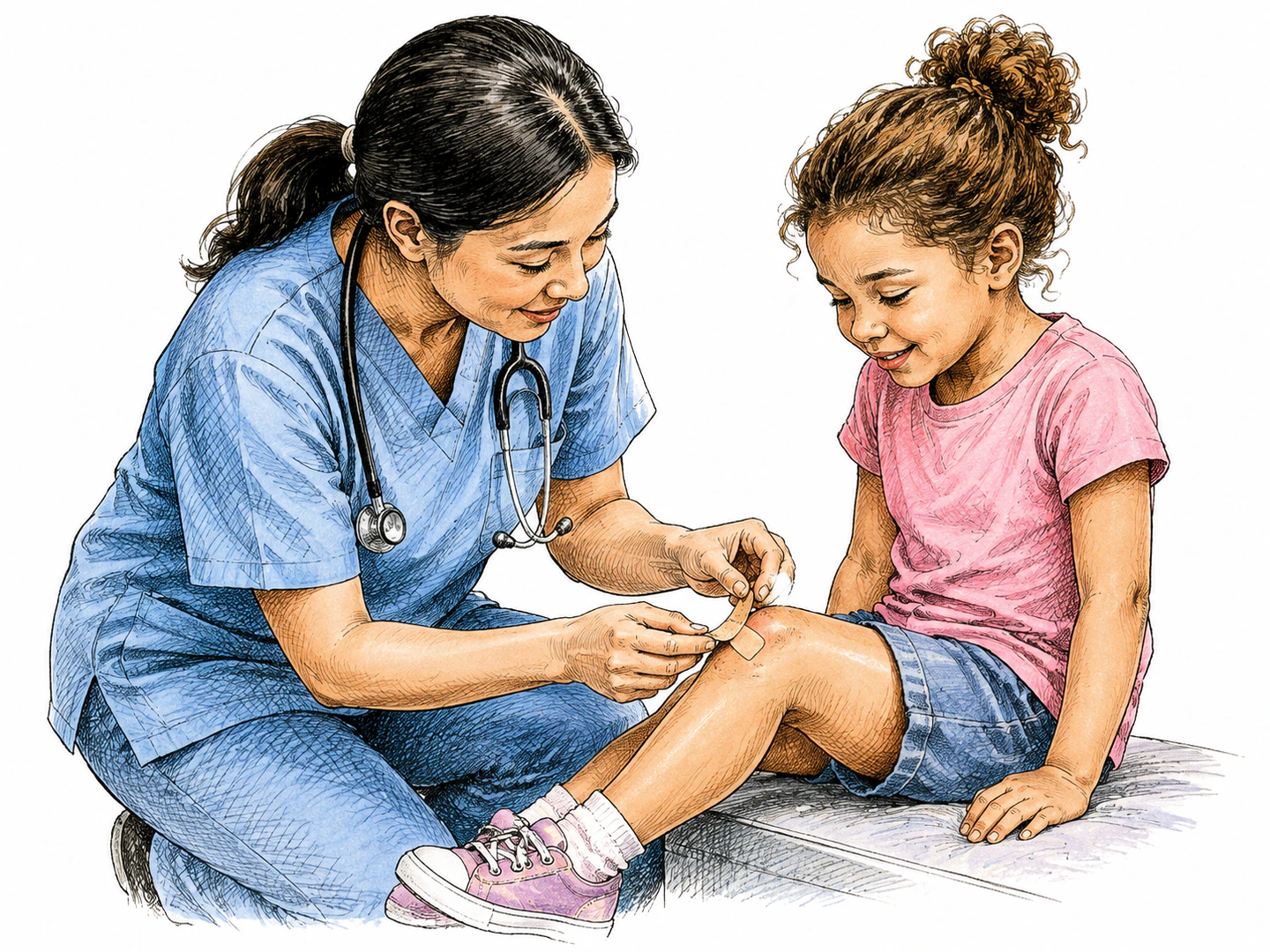 A nurse gently removes a bandage from a child’s knee where fresh healthy skin has closed over the old scrape.