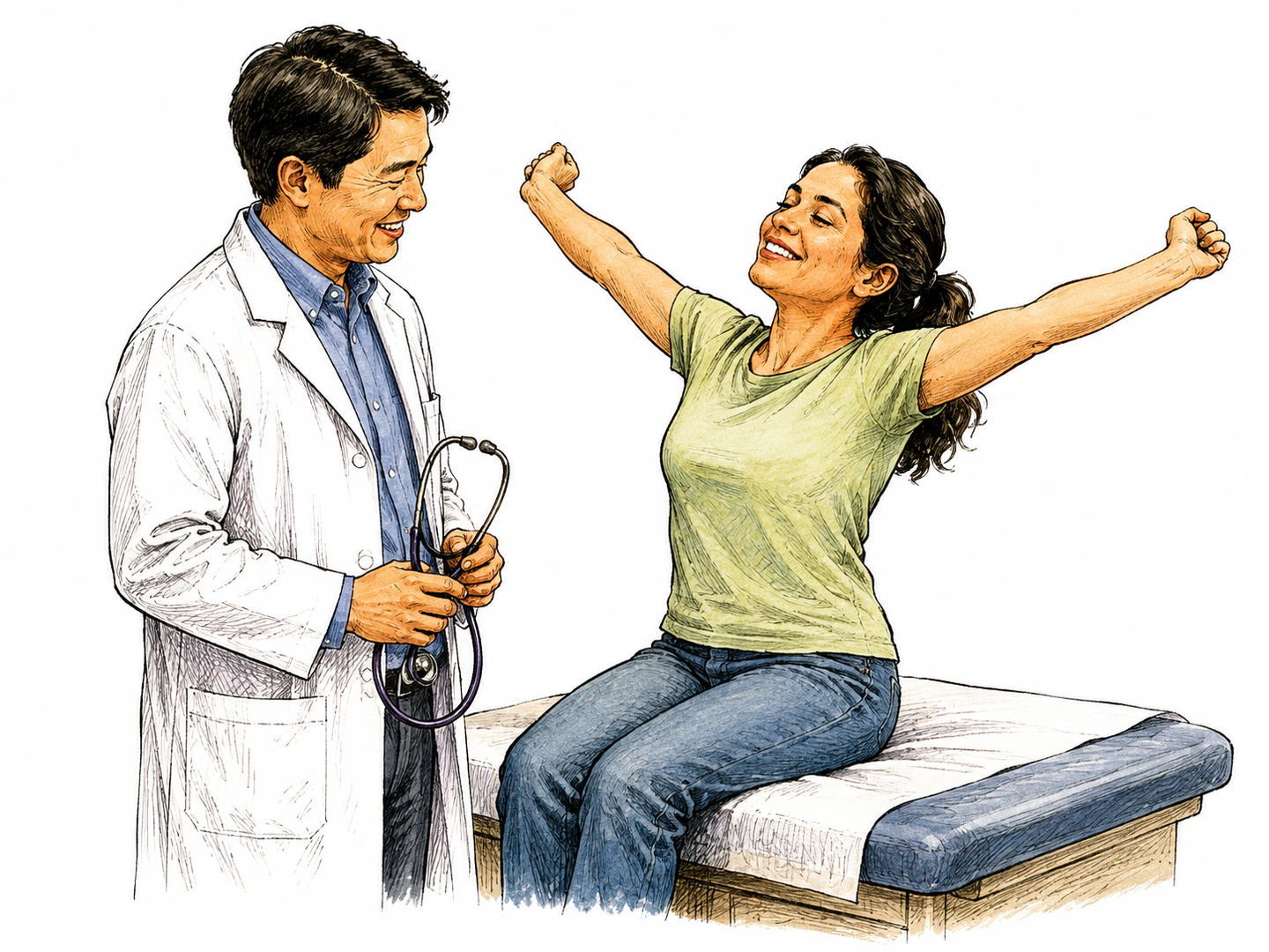 A patient smiles and stretches after a checkup while the clinician lowers a stethoscope, showing a body and mind in good condition.