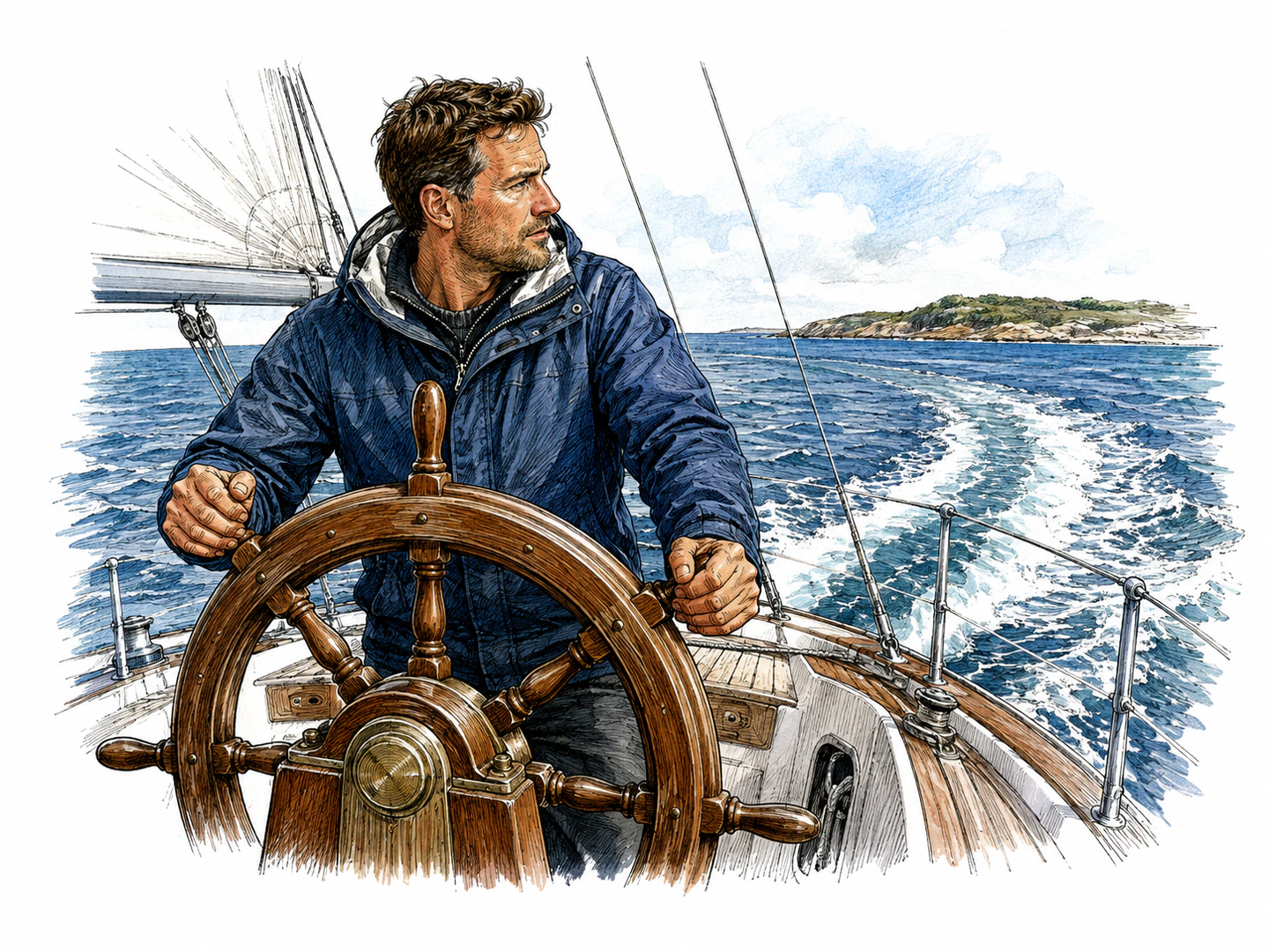 A sailor grips the ship's wheel and turns it while the vessel changes direction across the water.