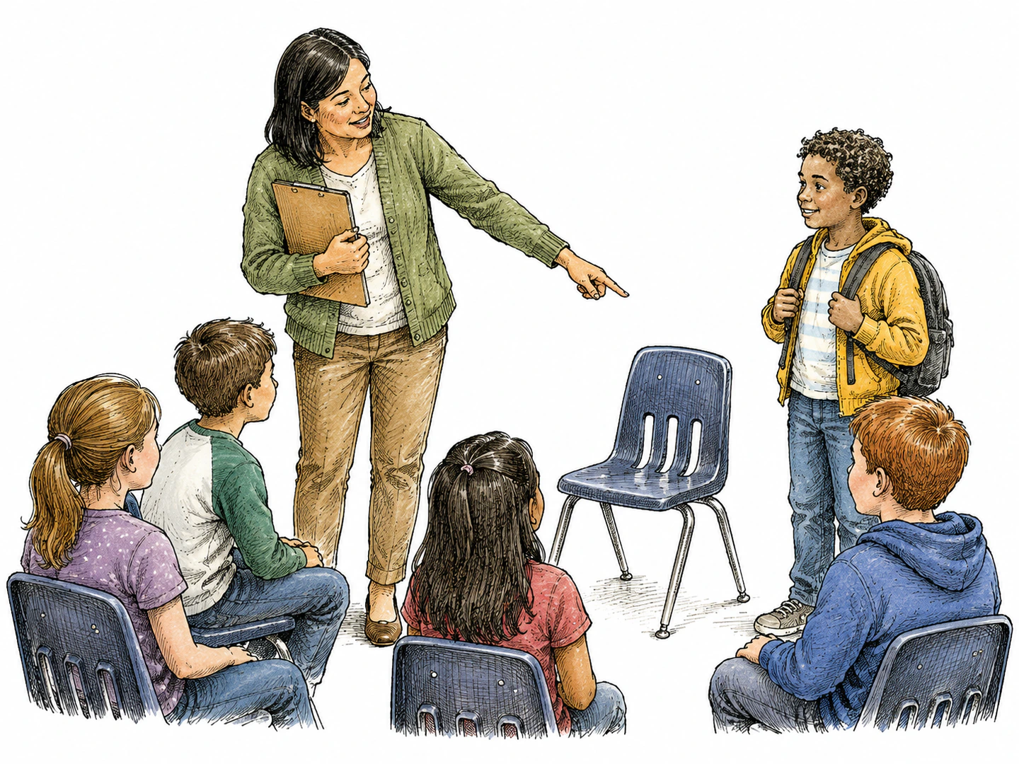 A teacher points to the exact spot beside them where a student has just arrived, making this place the focus of everyone’s attention.